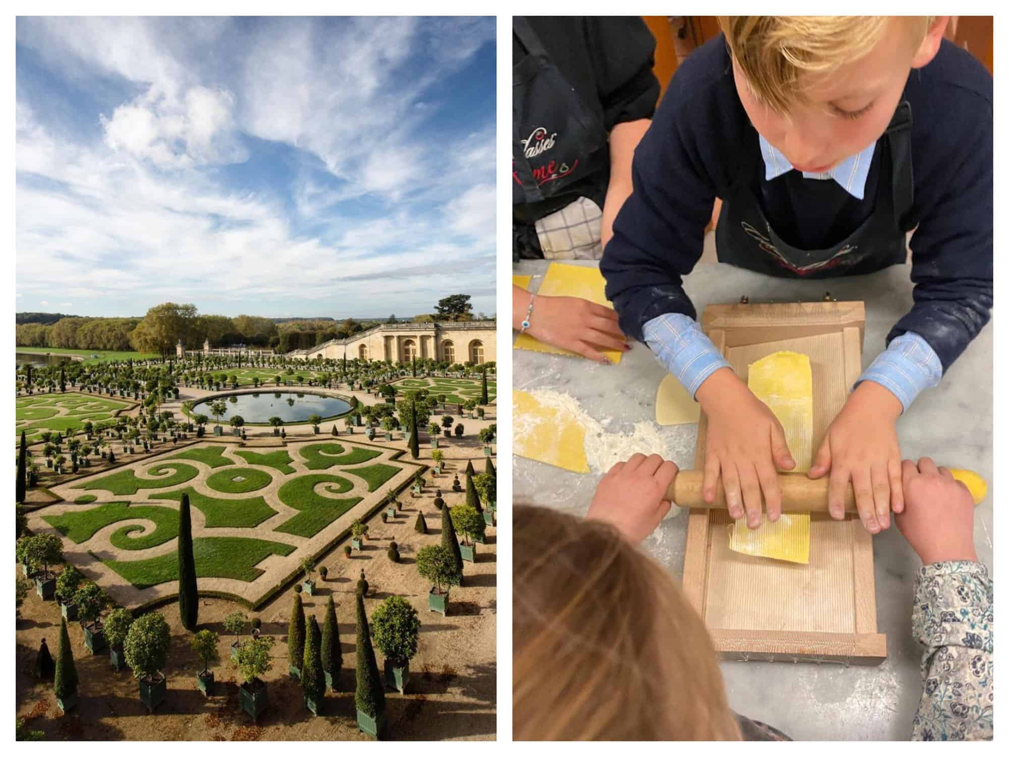 Left: A symmetrical French formal garden with a round pool. Right: 2 kids flattening some yellow pasta with a wooden rolling pin. 