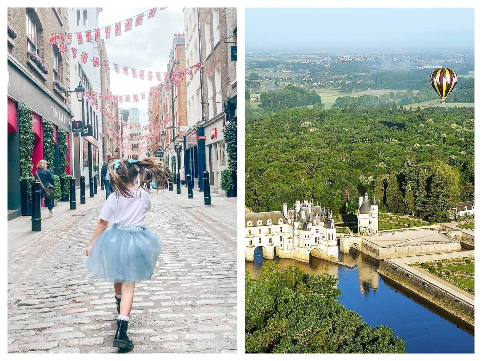 Left: A girl in a blue skirt is running in a cobbled street. Right: A hot air balloon is flying over a castle, a river, and a forest.
