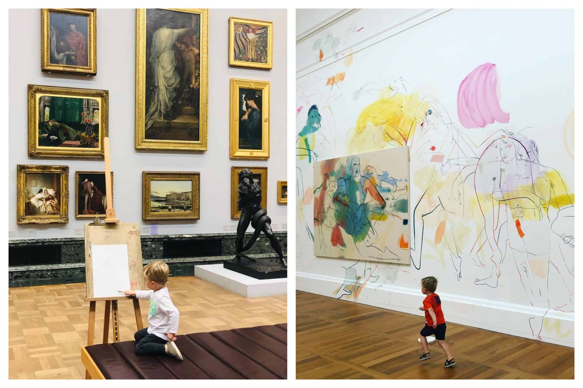 Left: A blonde toddler boy is painting a canvas inside an art museum full of paintings. Right: A toddler boy in a red shirt is running across an art museum with abstract paintings.