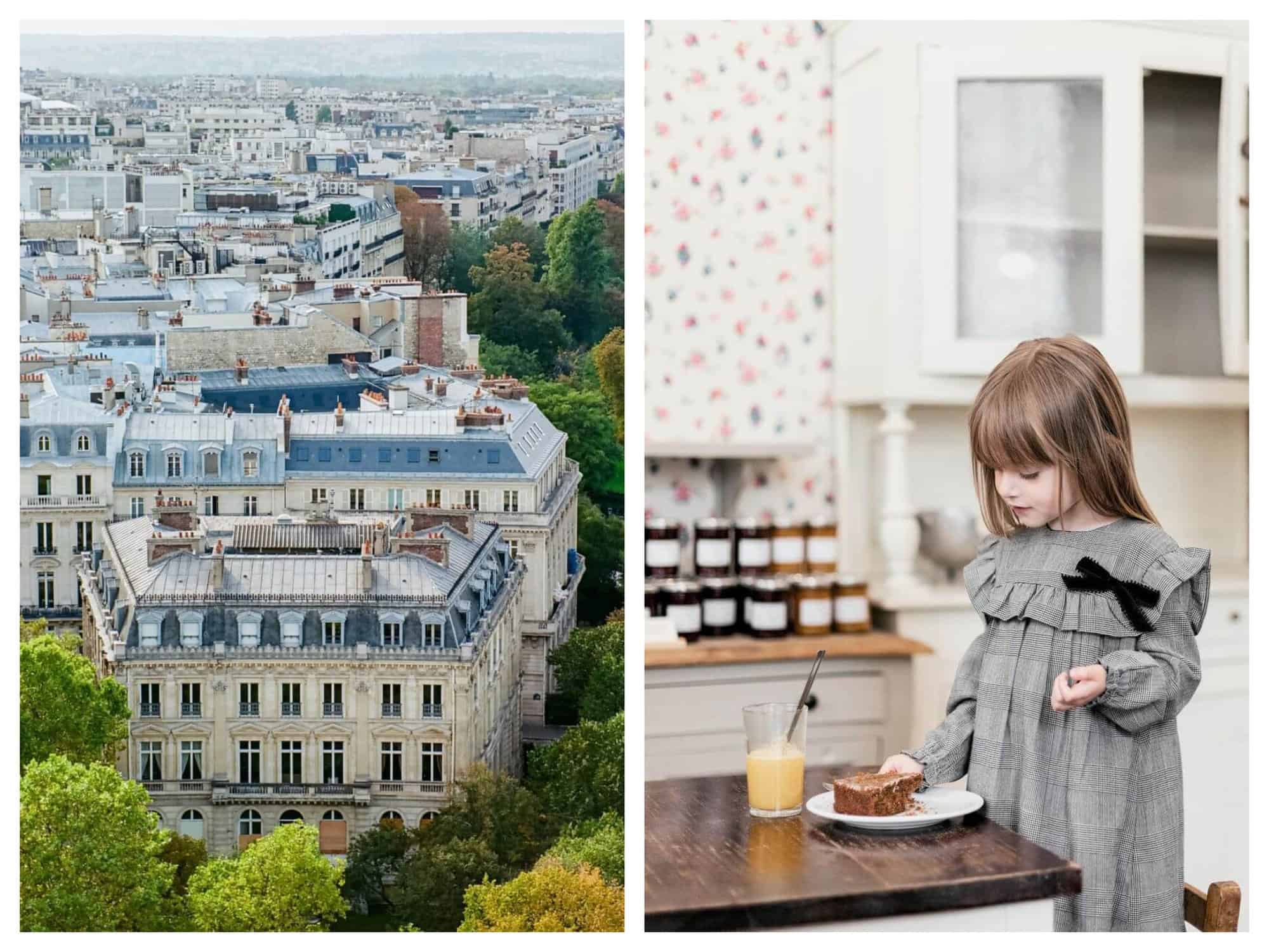 Left: A bird's eye view of Parisian apartments, their zinc rooftops, and brown chimneys. Right: A girl in a gray dress and her brown cake and orange juice.