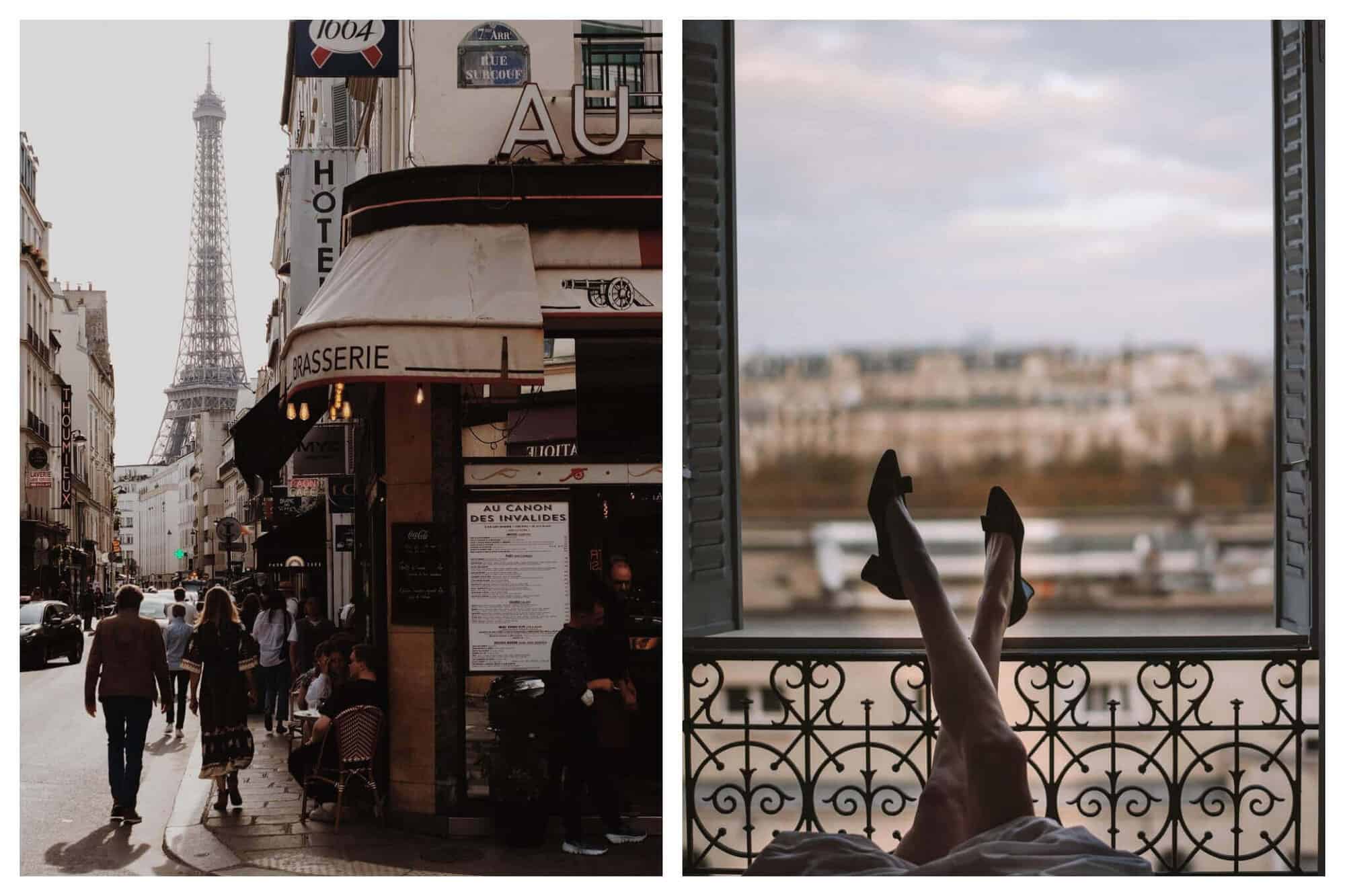 Left: People walk past a beige café towards the Eiffel Tower. Right: A woman with black heels leans her legs upon the railing of her balcony.
