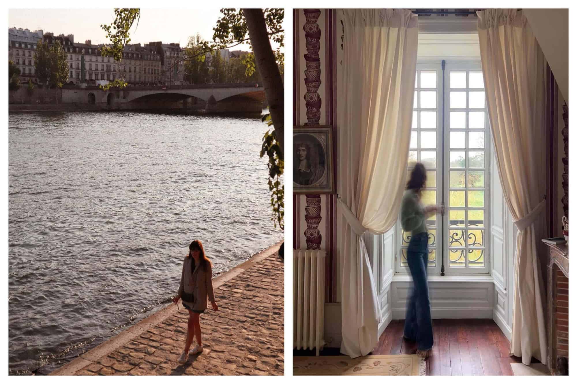 Left: A woman walks alone in the Quai of the Seine. Right: The figure of a woman is blurred as she stands in front of a window. 