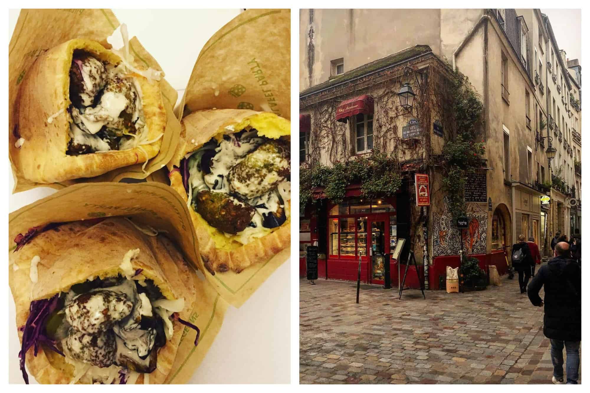 Left: close up of three falafel-stuffed pita bread from Pitzman, Right: rainy day view of corners on Rue des Rosiers and red shop with vines growing