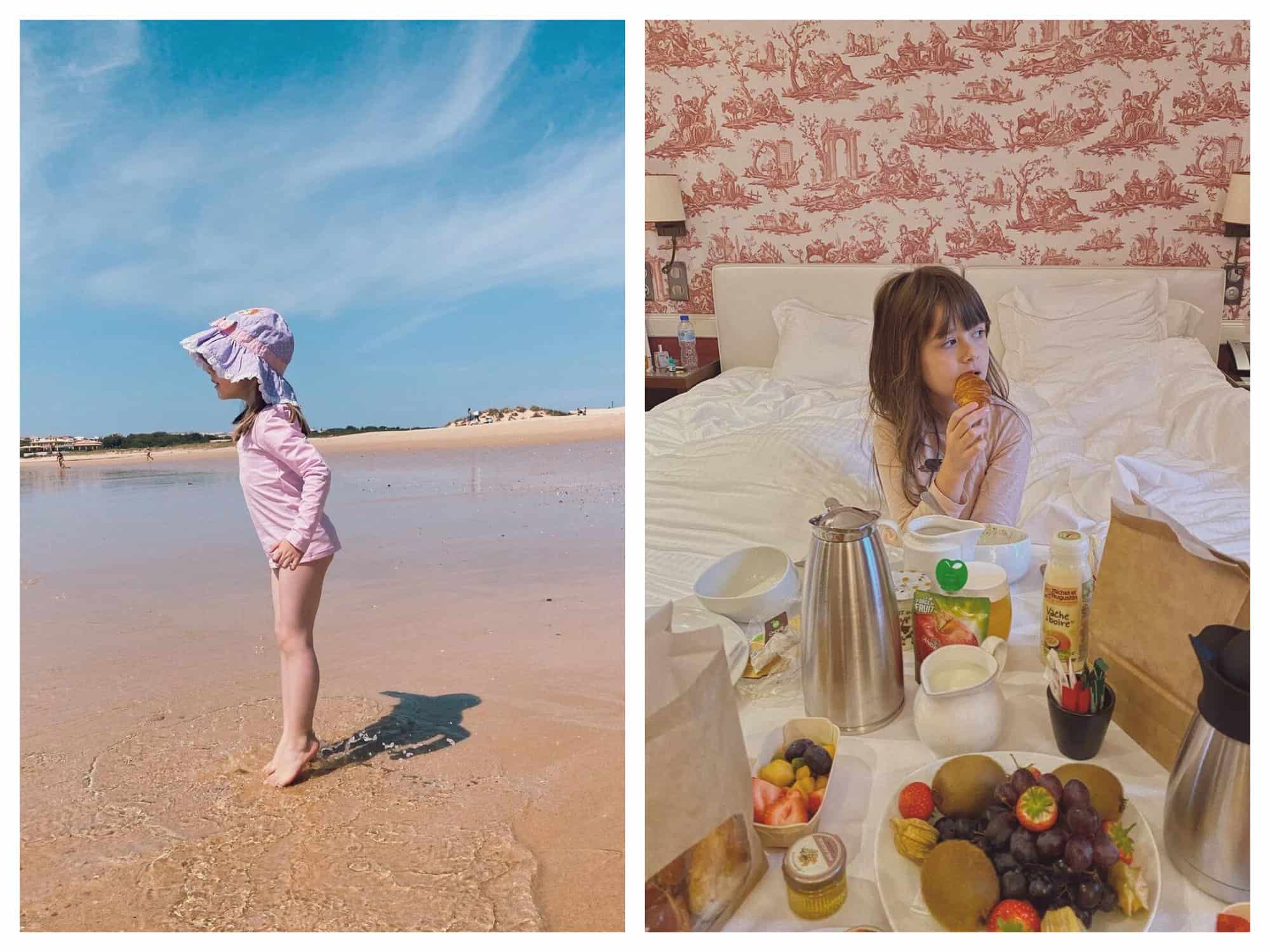 Left: A girl in pink bathers and purple hat is in tiptoe at the beach. Right: A young girl eats her breakfast in bed.