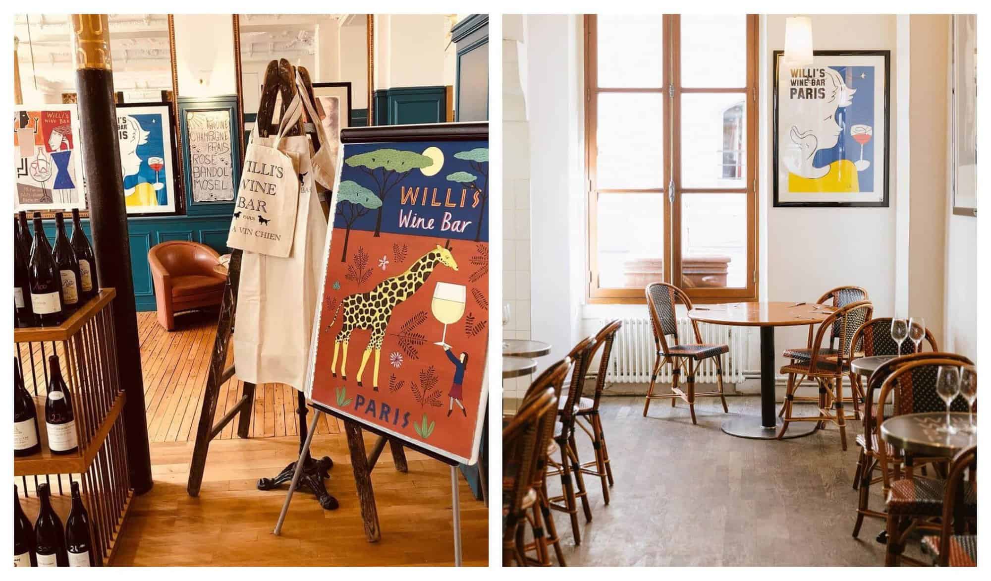 Left: A red and blue Willi's Wine Bar poster with a giraffe and wine glass  is displayed in the entrance hall to Willi's Wine Bar. Right: sunlight shines through the bar's large windows onto  the French-style tables and chairs 