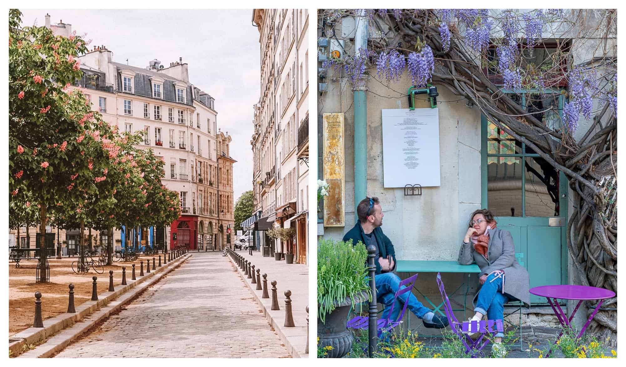 Left: A clear, long winding road at the side of Place Dauphine is adjacent to several independent shops. Right: A couple are sat in relaxed clothes, mid-conversation at a table outside Au Vieux Paris d'Arcole