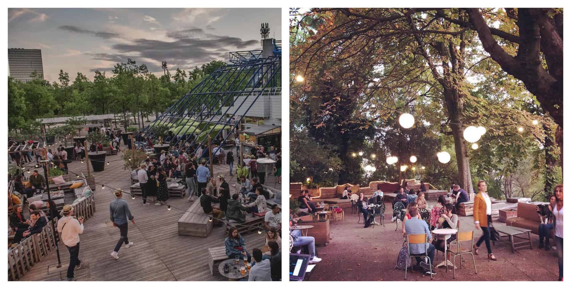 The large terrace full of people enjoying the summer evening on the wooden decking at Le Papa Cabane. The string lights give a magical affect to the evening as people enjoy drinks surrounded by trees in Pavillon Puebla.