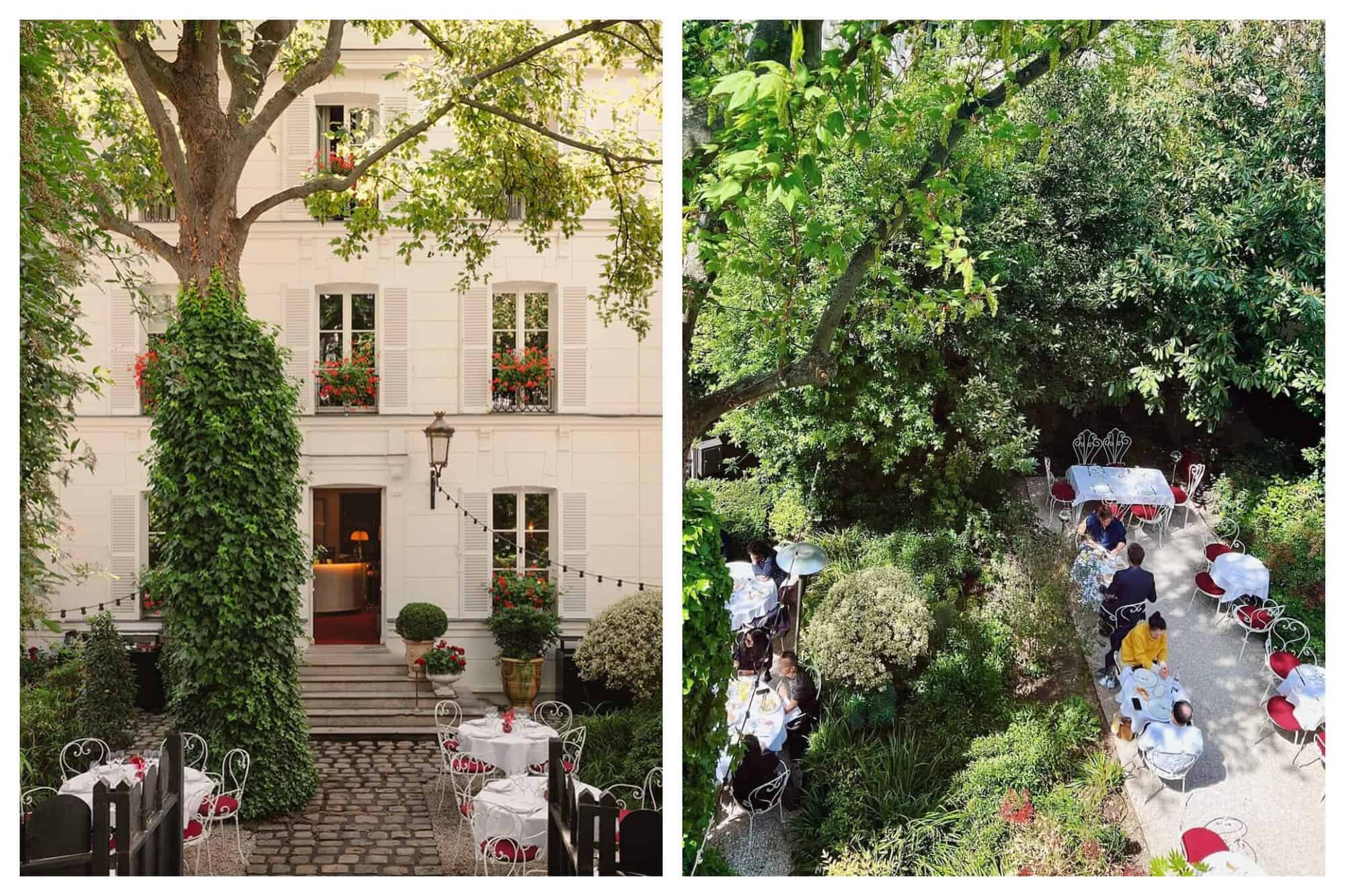 The elegant brick facade of Hôtel Particulier Montmartre with string lights hanging over the terrace. The lush garden with pertty garden furniture at lunch service.
