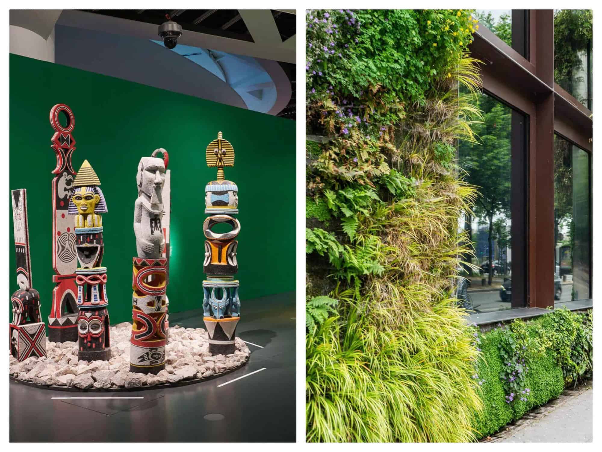 (Left) Indigenous sculptures stand on top of a circle made of rocks in front of a green wall. / (Right) A close-up of a building with green plants on its walls next to a windowpane. 