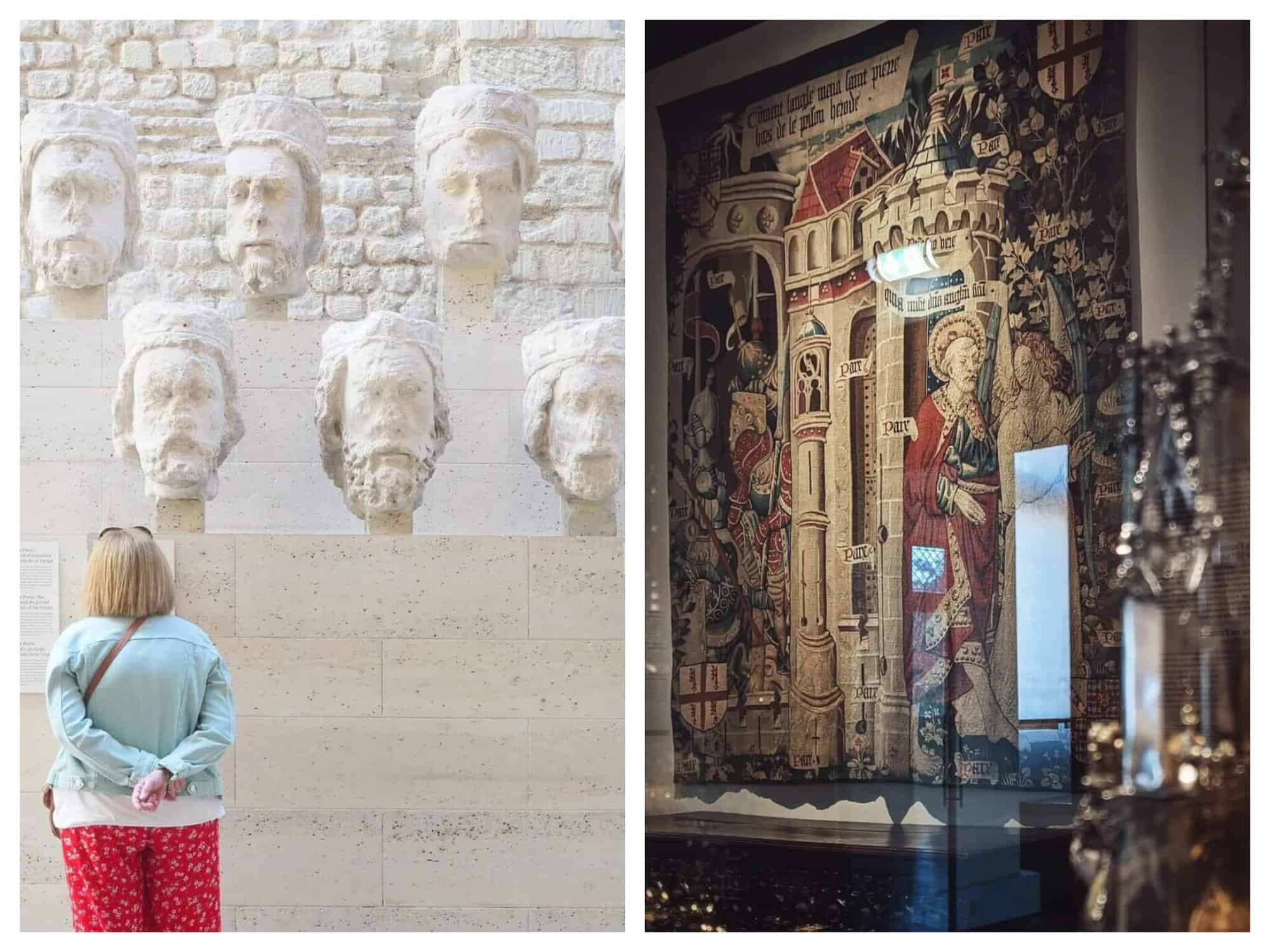 (Left) A blonde woman with a blue sweater and red pants stands in front of white stone medieval busts. / (Right) A medieval tapestry with red, yellow and green details. 