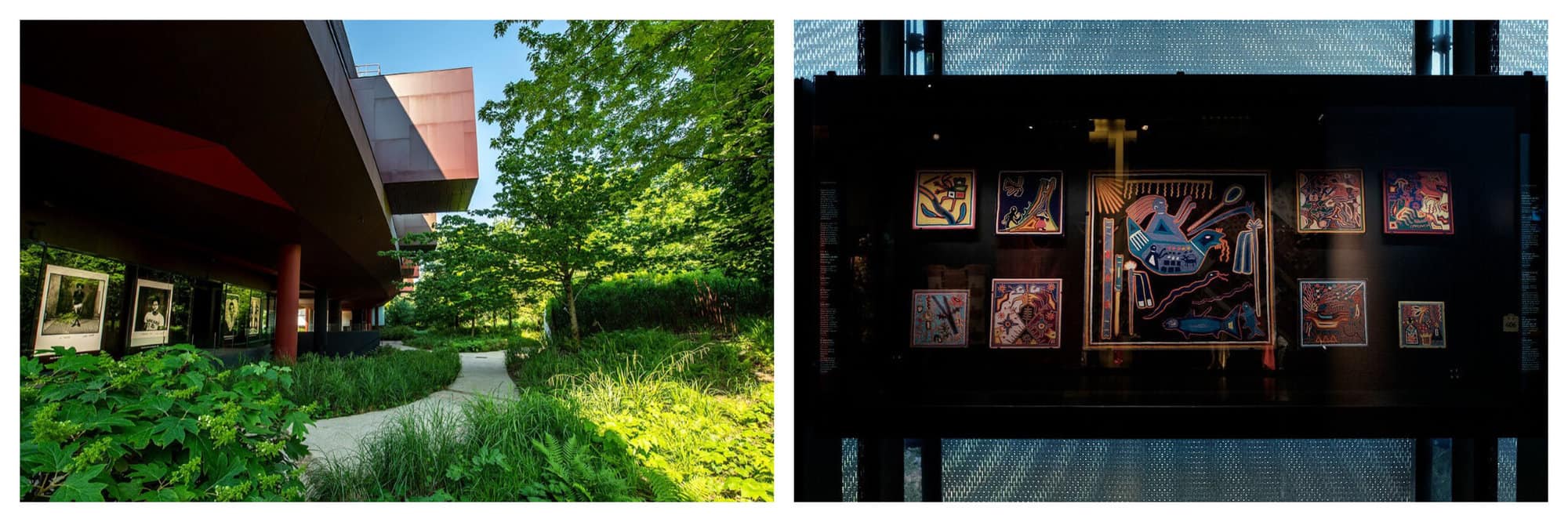 The Musee quai Branly exterior and an exhibition of African art.
