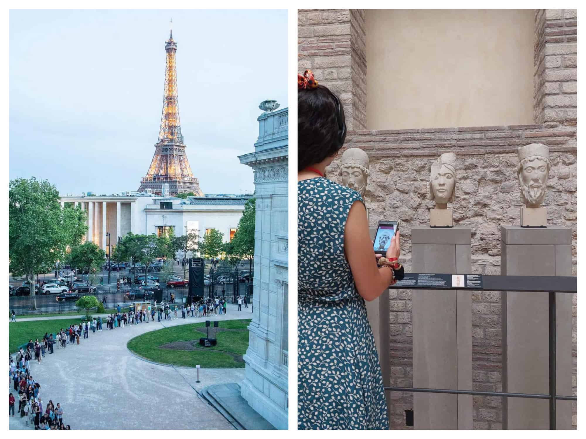 (Left) A line of people wait to go into a museum near the Eiffel Tower / (Right) A woman in a green and white dress looks at three white busts. 