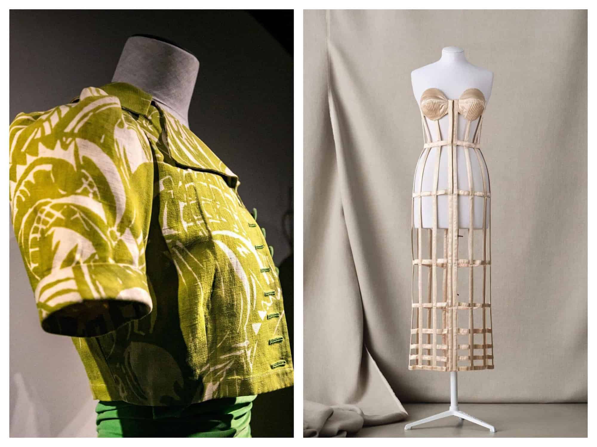 (Left) A green shirt with white details covers a mannequin. / (Right) A long cream colored corset decorates a white mannequin. 