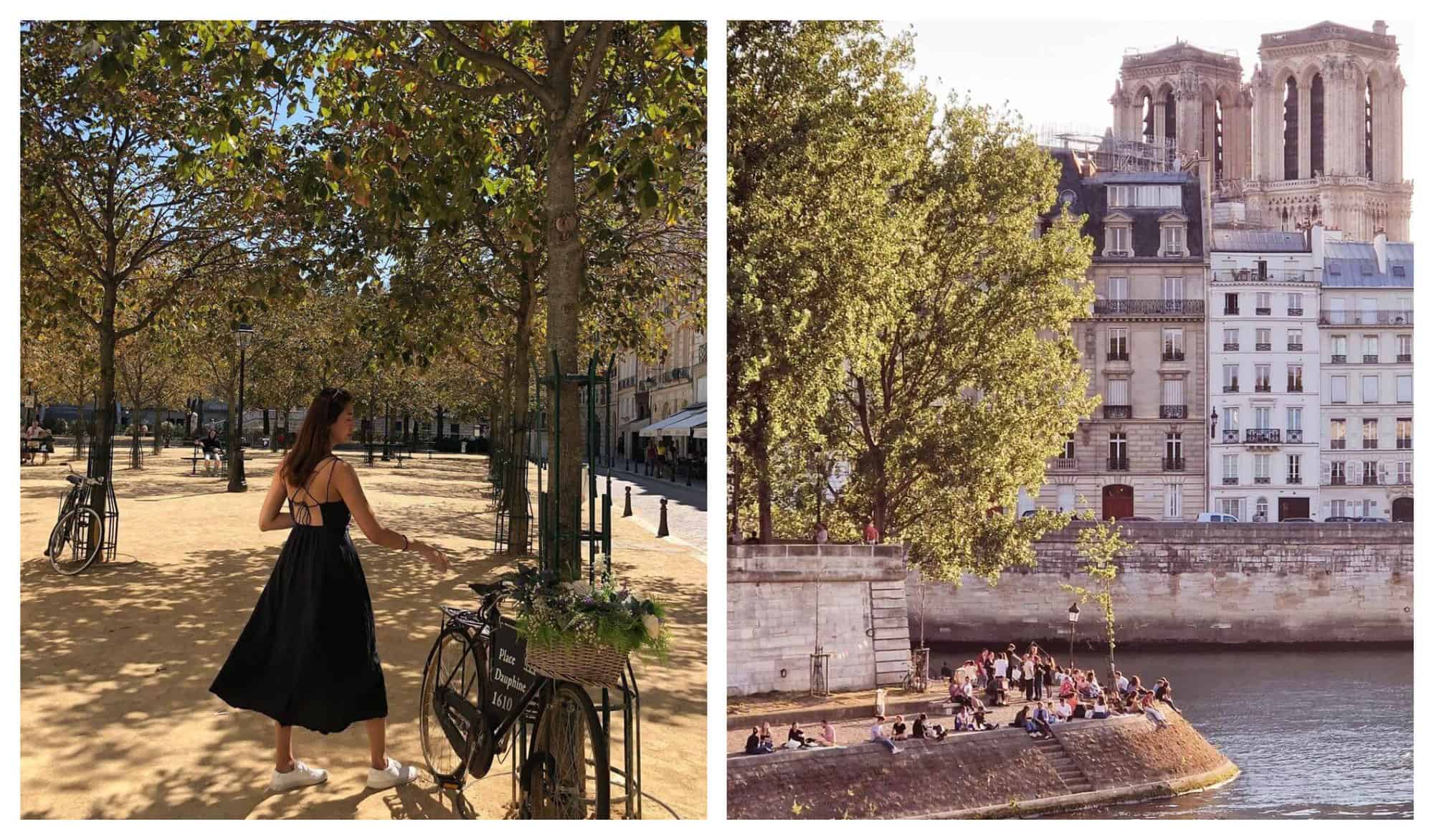 Left: Woman in a black dress looks out at a sunny Place Dauphine. Right: A crowd of friends are sat by the Seine in the sun.