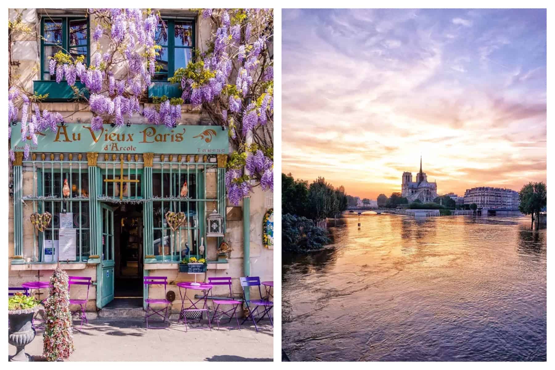 Left: The front of the Cafe Au Vieux Paris d'Arcole is covered in purple wisteria. Right: The Ile de la Cite is lit up by a purple and orange sunset.