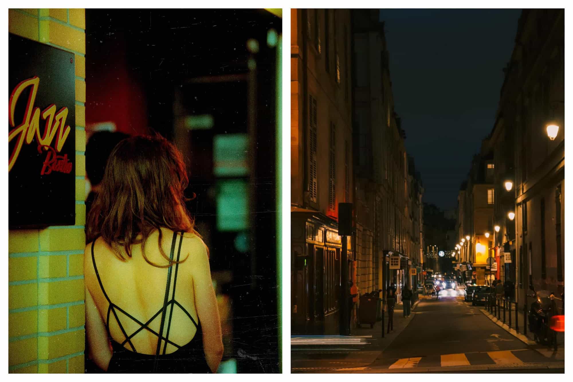 (Left) A woman with a black dress leans against a yellow wall looking at a band play on stage. (Right) A street at night with cars and yellow light lampposts.