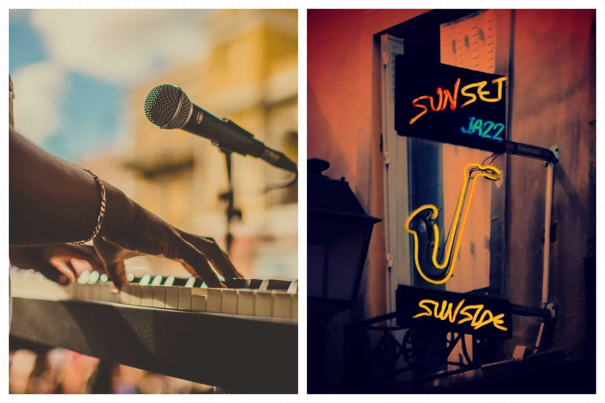(Left) A person plays the keyboards and a microphone stands in front of them. (Right) A neon yellow sign for a Jazz club is placed on the side of a building.