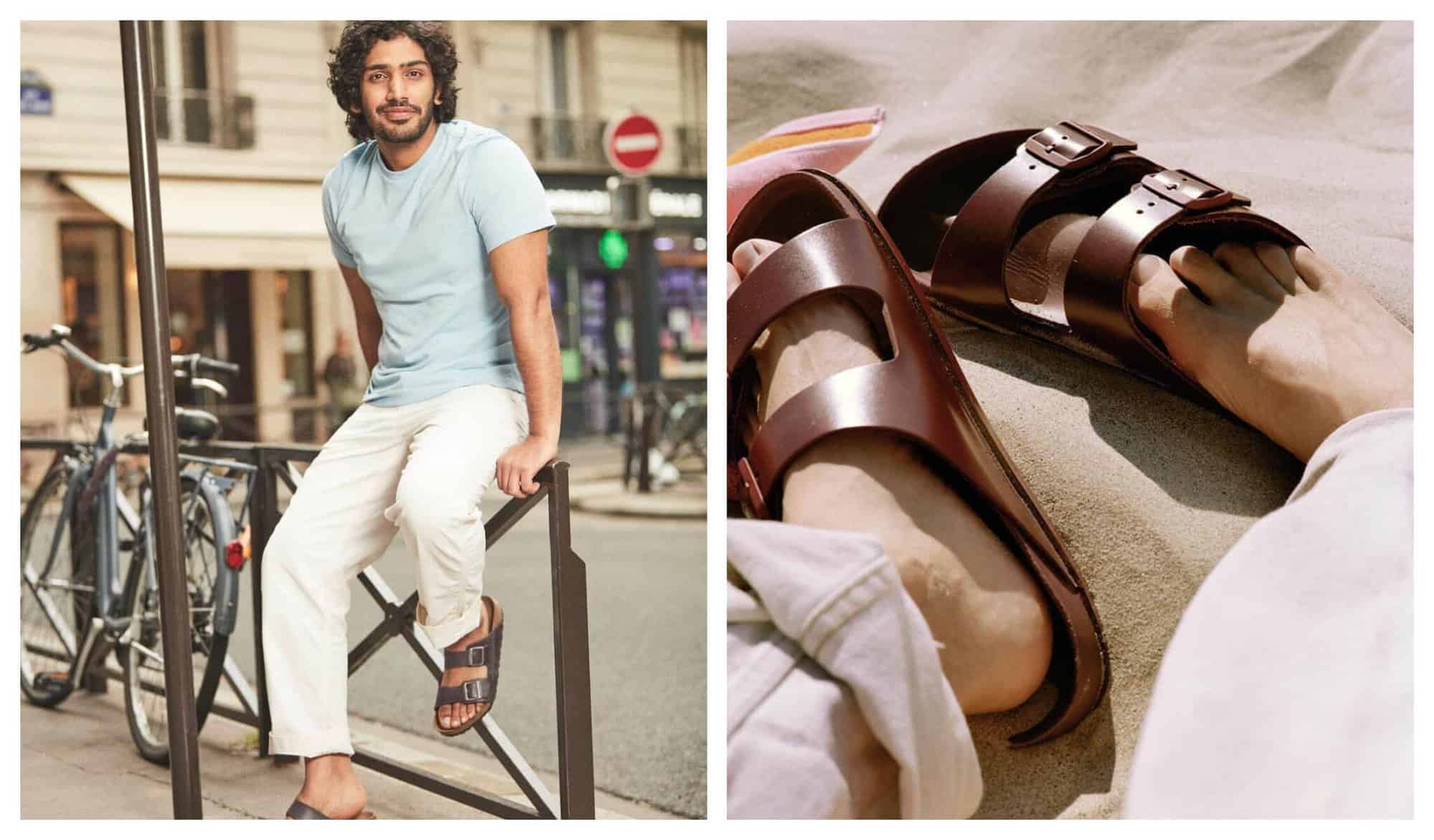Left: A man in blue shirt and white pants is sitting in a brown street fence. Right: A pair of brown sandals worn by a guy at a beach with beige sand.