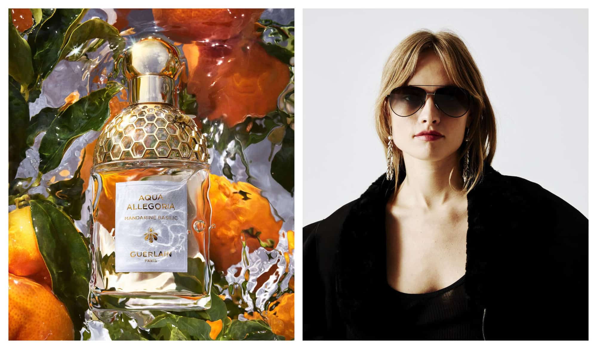 Left: A golden bottle of perfume in a water full of orange fruits and green leaves. Right: A blond-haired woman in black outfit wears black sunglasses.