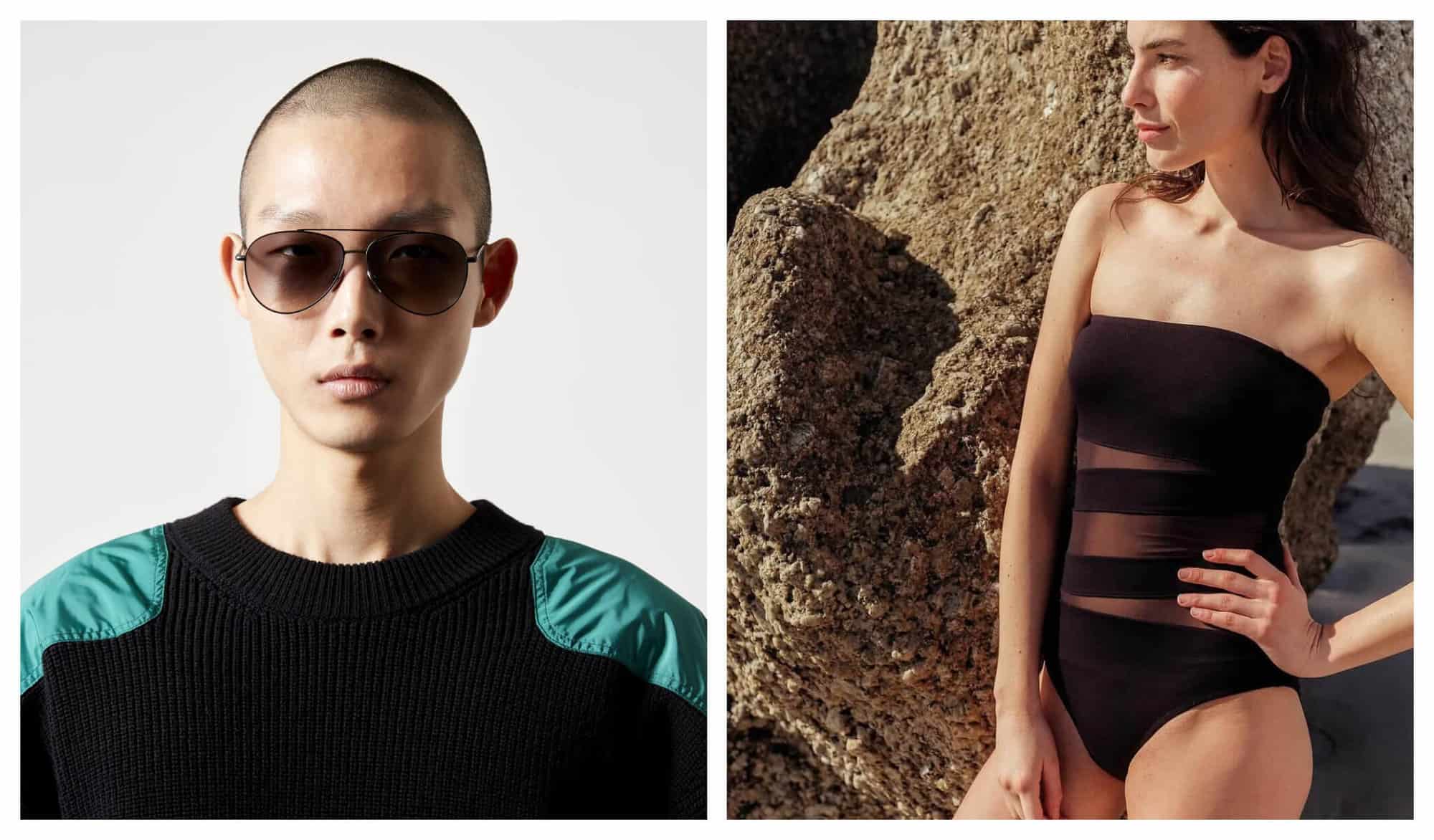 Left: A man with a shaved head in a black and blue top wears a black sunglasses. Right: A woman wears a black swimsuit as she stands behind a big rock.