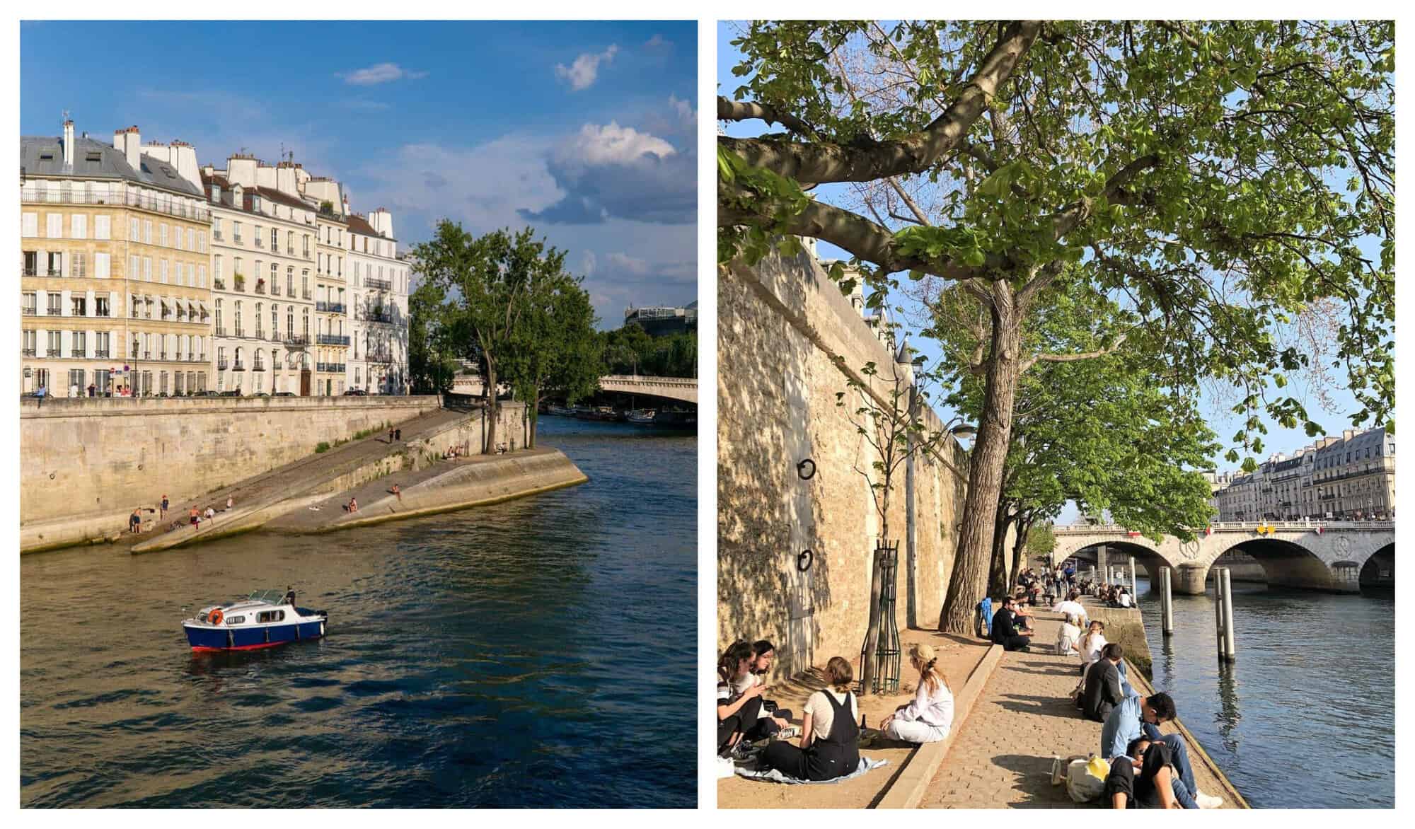 Left: A slope that runs down into the Seine is lit up by the sun. Right: Groups are sunbathing by the side of the Seine.