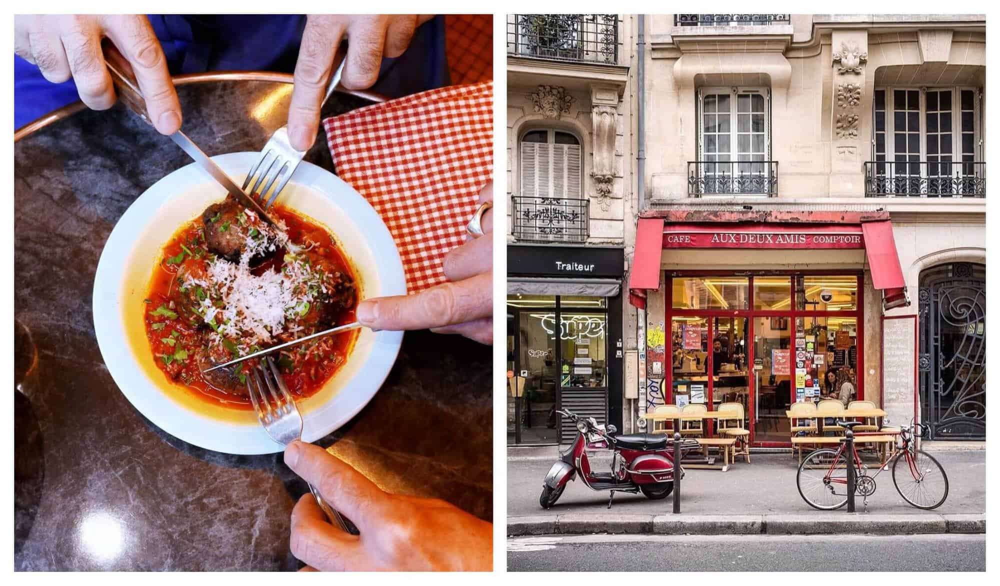 Left: two diners share a plate of meatballs in tomato sauce at Aux Deux Amis natural wine bar. Right: chairs, tables, and a motorcycle sit in front of Aux Deux Amis' shop front