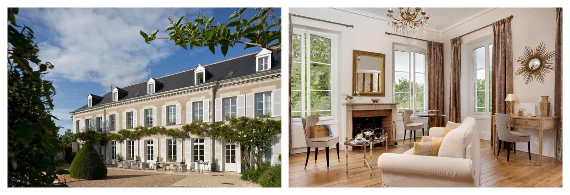 Left: The outside of Le Manoir Les Minimes is covered with wisteria. Right: A white sofa is sat in the centre of a bedroom suite inside Le Manoir Les Minimes hotel