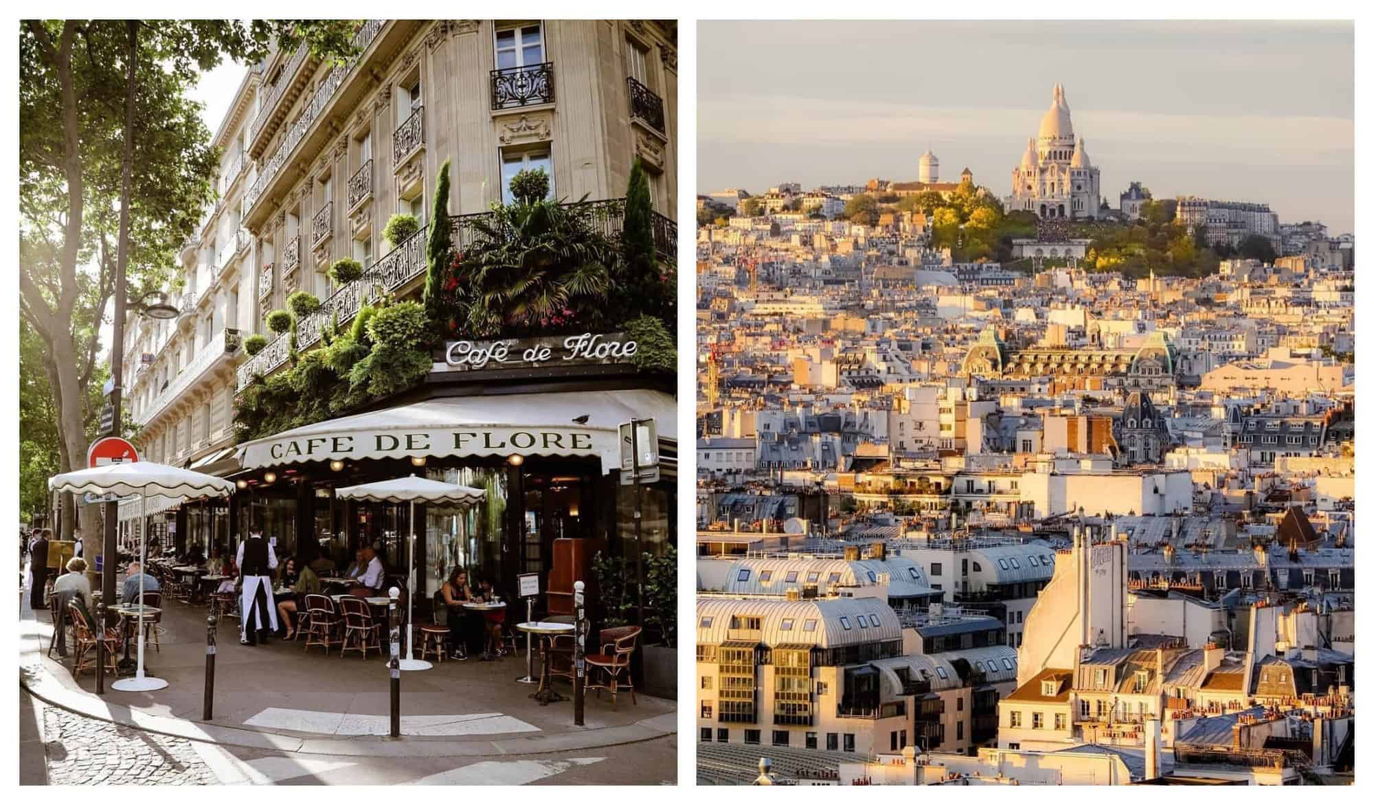 Left: Cafe de Flore is pictured with several tables and chairs sat outside. Right: The Sacré Couer is pictured from afar, with Parisian buildings illuminated by the sun pictured before it