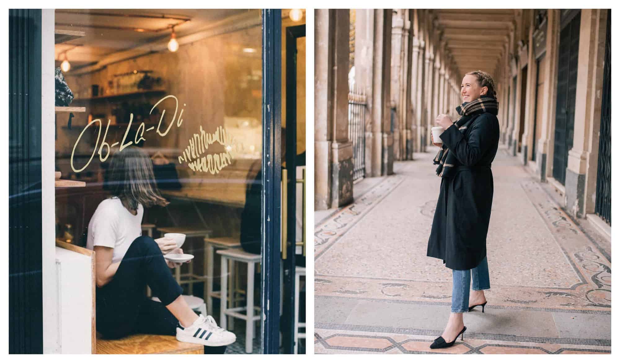 (Left) A woman with a white t-shirt, black pants and white sneakers holds a white coffee cup behind the window of a coffeeshop. / (Right) A woman with black heels, blue jeans and a black trench coat stand in the middle of a hallway with mosaic floor tiles and brown columns. 