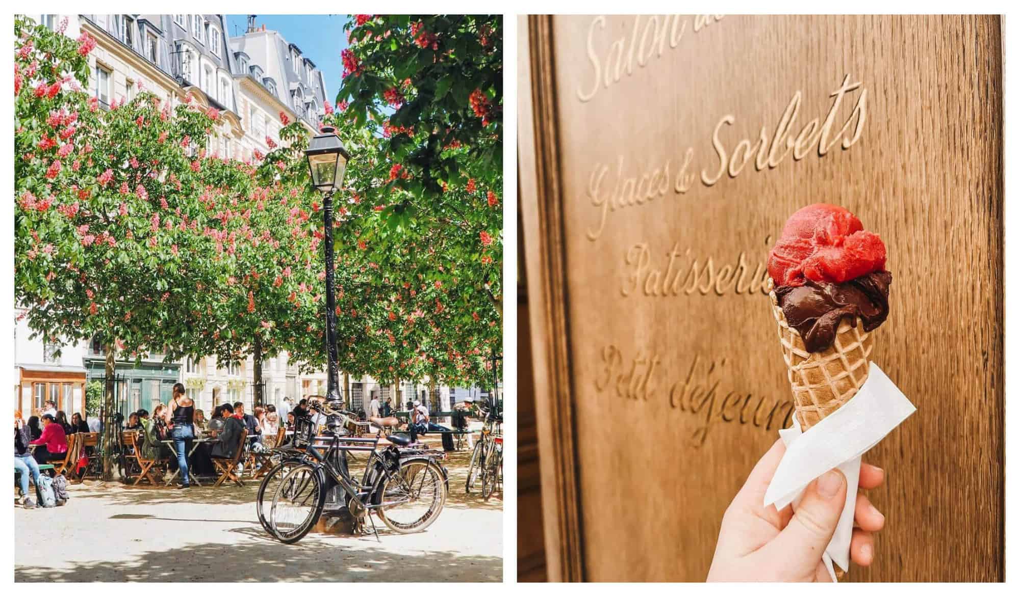 (Left) A bike leaned against a black lamppost in the middle of a busy plaza underneath a green tree with pink flowers. / (Right) A person holds an ice cream cone with one red scoop and one brown scoop. 