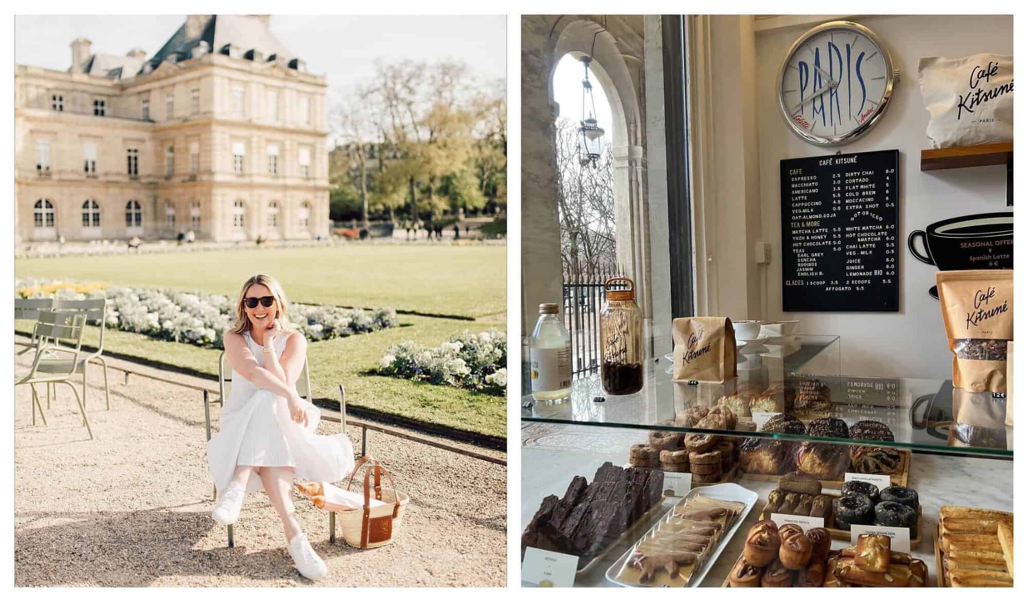 (Left) A woman with a white dress and a picnic basket sits on a green chair in a park where a beige building and green pastures are seen in the background. / (Right) Pastries and coffee on showcase inside of a coffeeshop. 