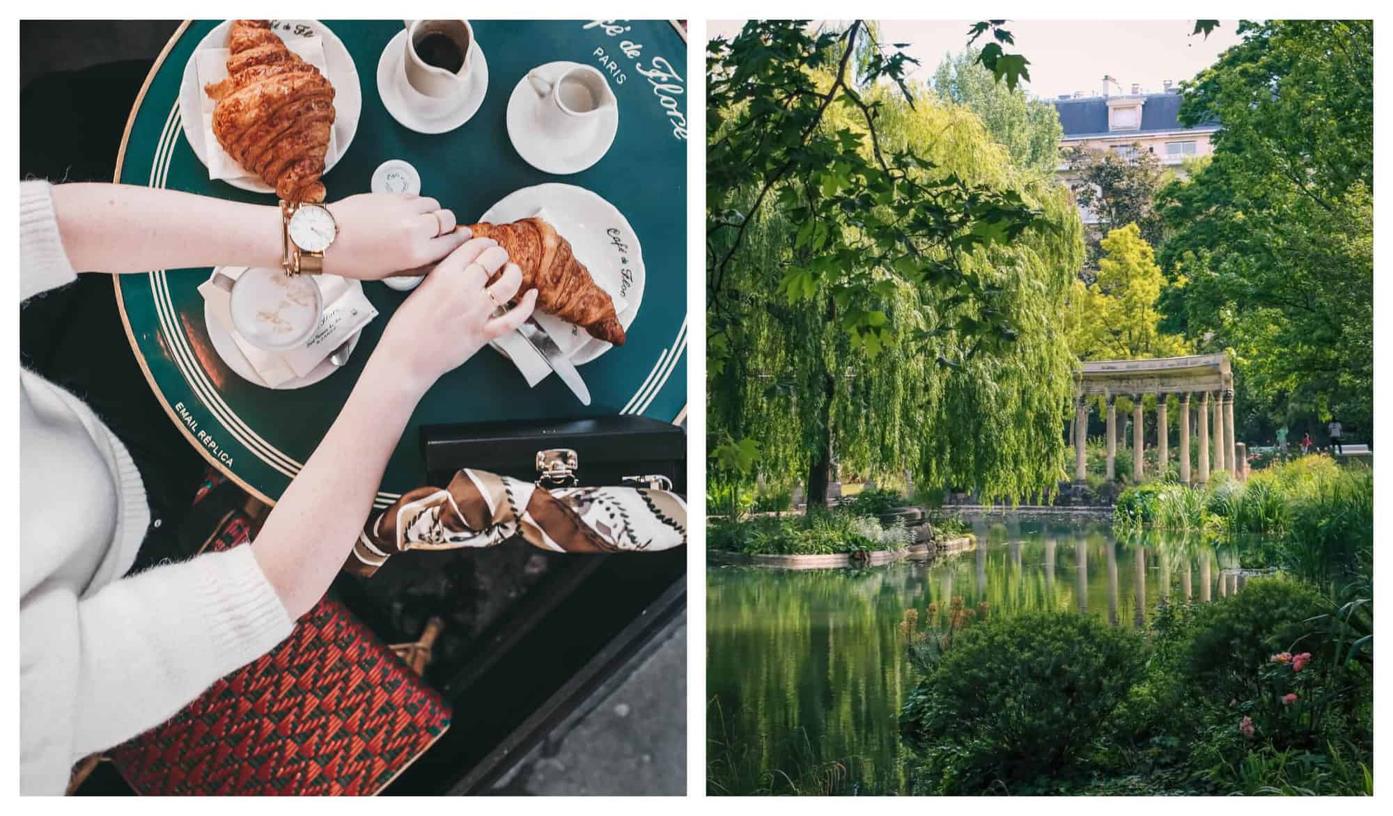 (Left) A woman with a white shirt and a watch is taking a croissant from the green table in front of her. / (Right) A park with green trees and a lake in the middle with some Roman columns in the background. 