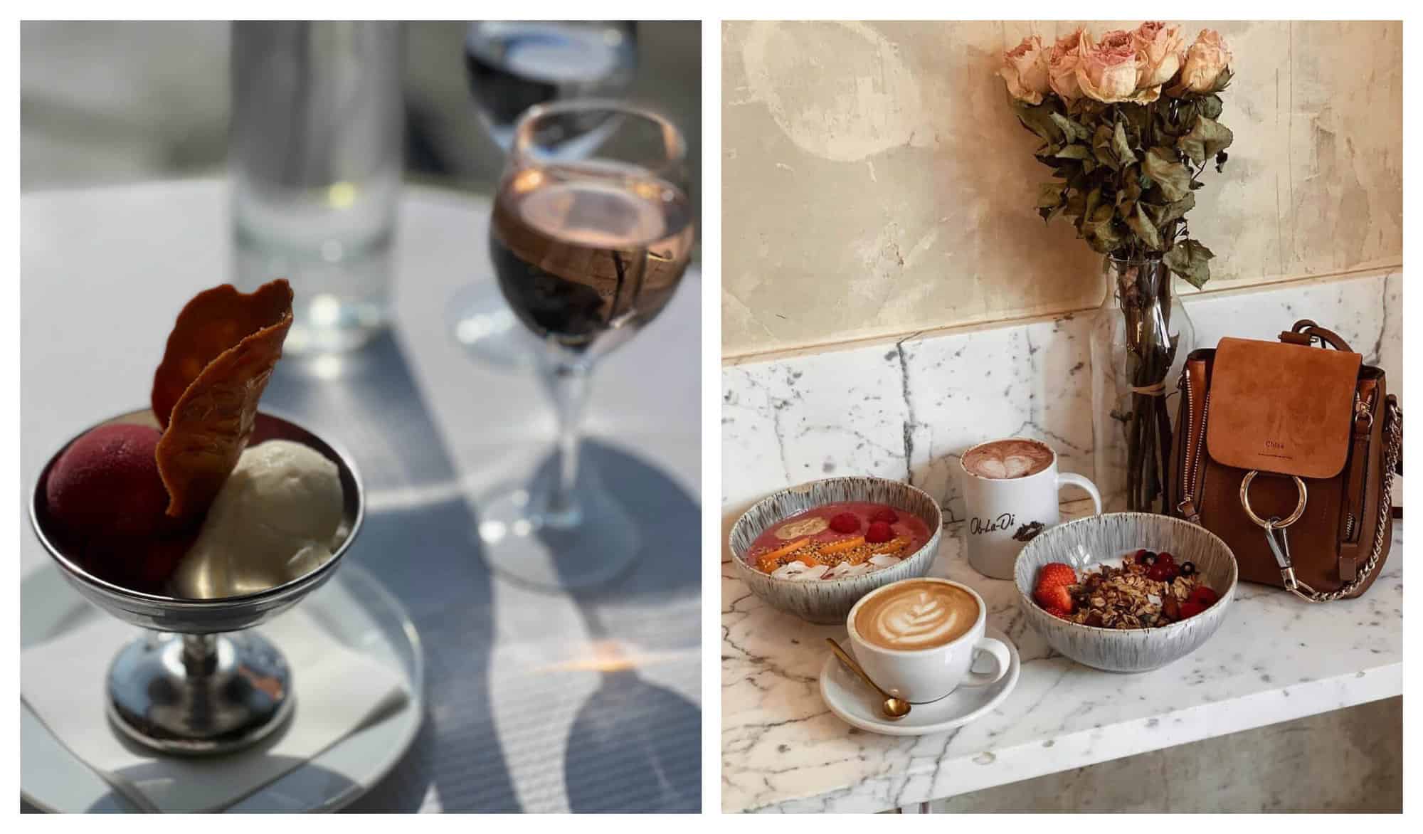 (Left) A silver cup with one red scoop and one white scoop of ice cream next to a glass of rosé. / (Right) Two coffee's, two smoothie bowls, one brown bag and a crystal vase with pink roses are placed on top of a marble table. 