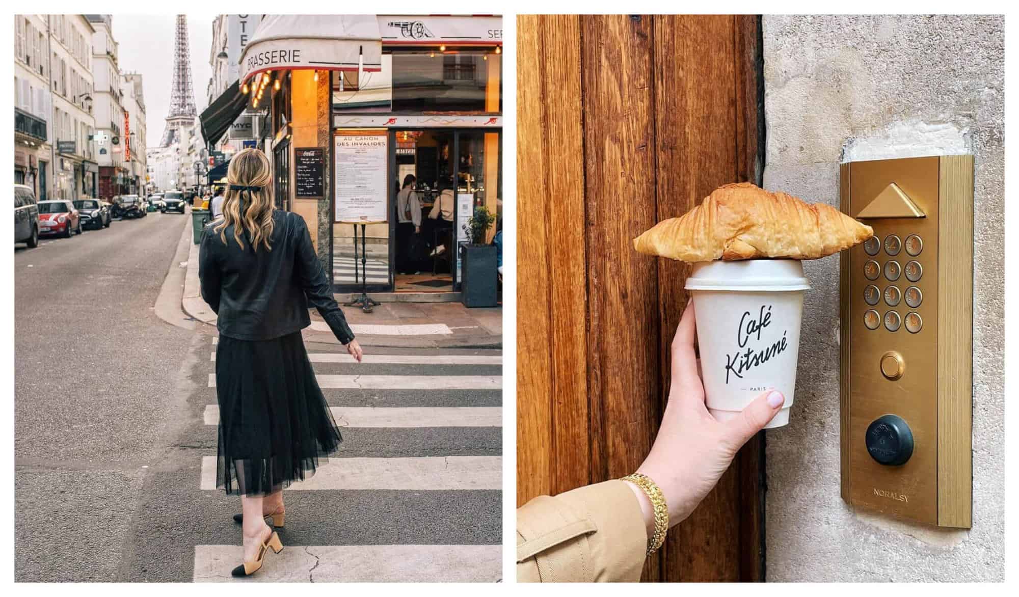 (Left) A woman with a black dress crosses the street and head toward a café with a white and red tent. / (Right) A person holds a cardboard cup with a croissant on top of it next to a wooden door and an intercom. 