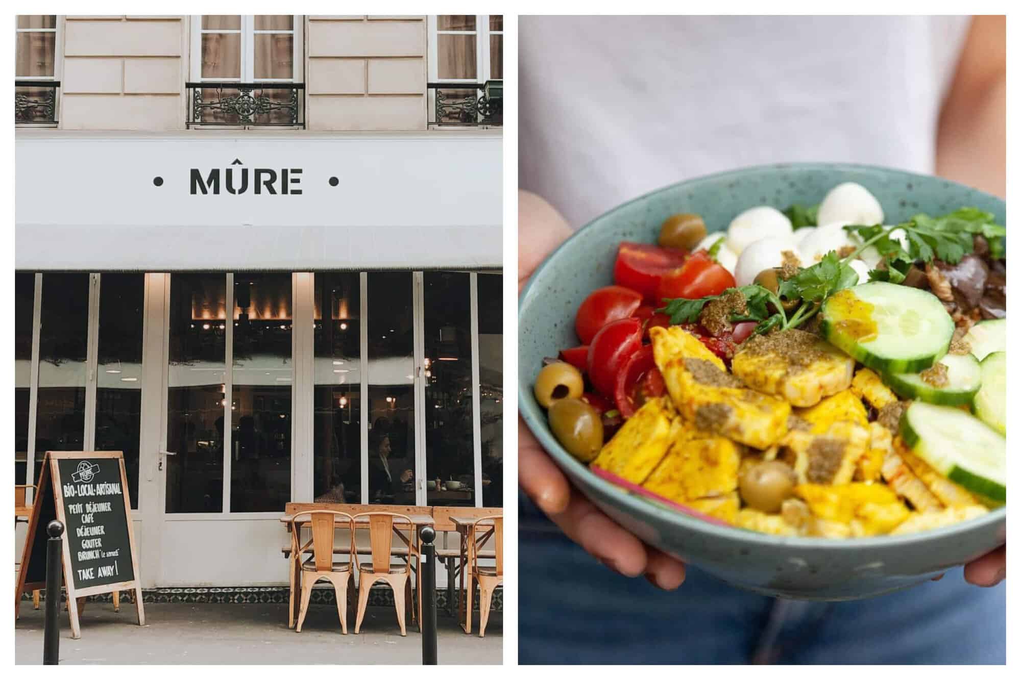 (Left) The outside of Mure restaurant with a white exterior and wooden tables. / (Right) A salad made with green olives, cucumber, tomatoes and cilantro toppings in a blue bowl. 