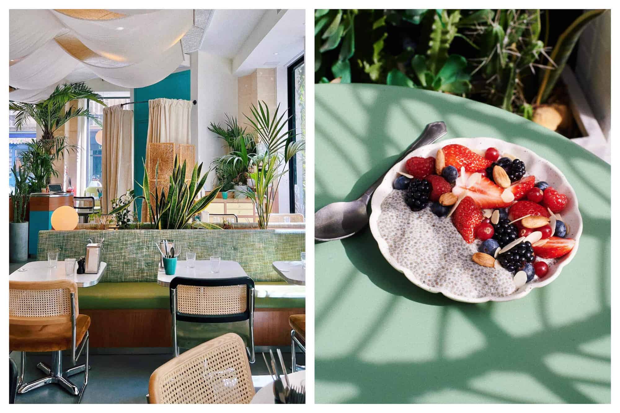(Left) The interior of Cali Sisters restaurant with white and blue walls, green chairs, and green plants. (Right) A smoothie bowl from Cali Sisters, filled with strawberries, nuts, blueberries and raspberries on top of a mint colored table next to a silver spoon. 