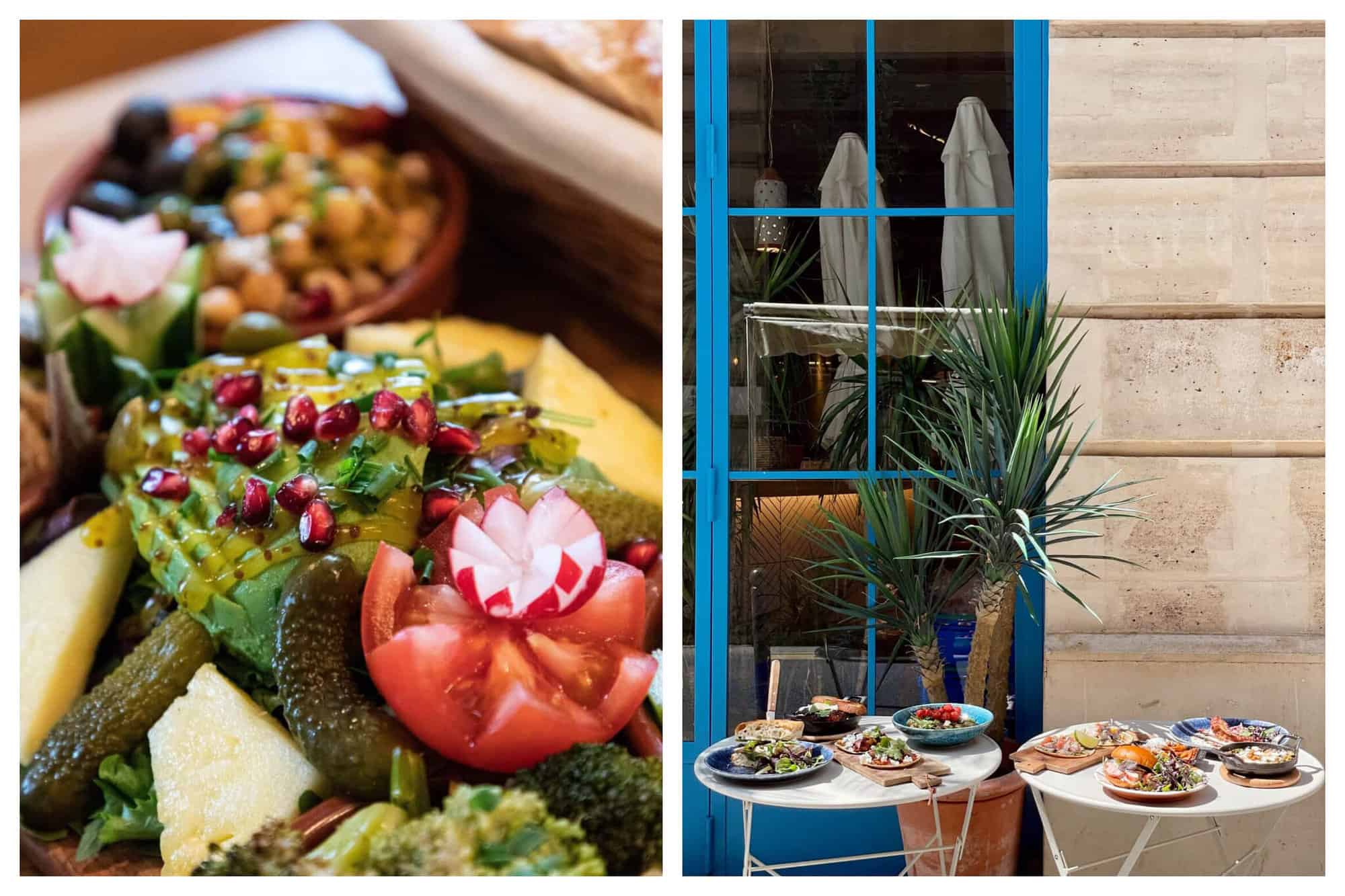 (Right) Close up of a charcuterie board with a tomato, a radish, broccoli, picked, cheese and avocado topped with pomegranate seeds from l'Atellier Saisonnier in Paris. (Left) A blue door with a green plant in front of it and two tables with healthy salads from Cali Sisters in Paris. 
