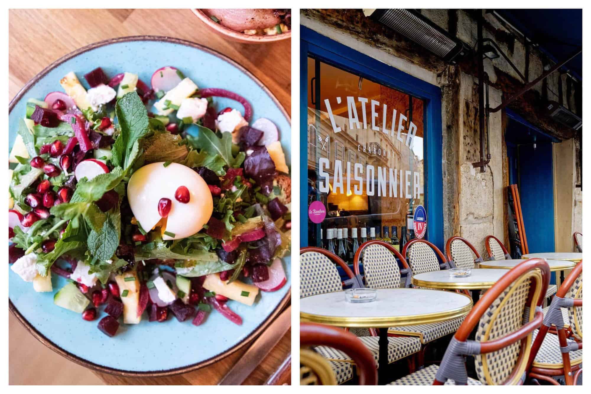 (Right) A Delicious salad plate from L'Atelier Saisonnier in Paris, filled with mint, roquette, beets, pomegranate seeds and an egg. (Left) The outside of a L'Atelier Saisonnier restaurant in Paris with checkered wire chairs and marble topped tables. 