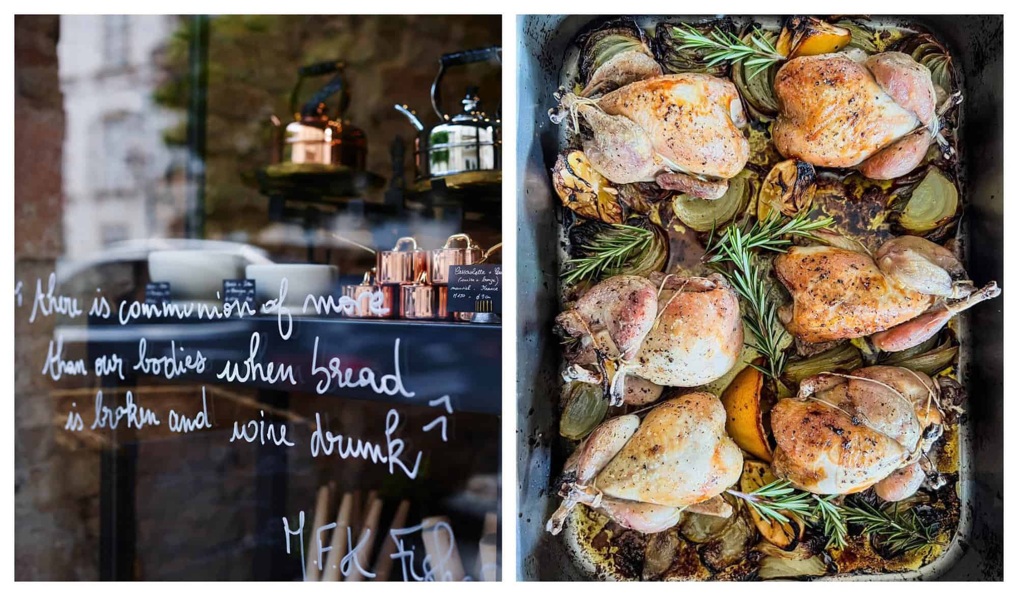 Left: Copper teapots and pans are pictured through the front windows of The Cook's Atelier boutique. Right: Tray of six poussin are sat on top of a bed of rosemary, potatoes and lemon. 