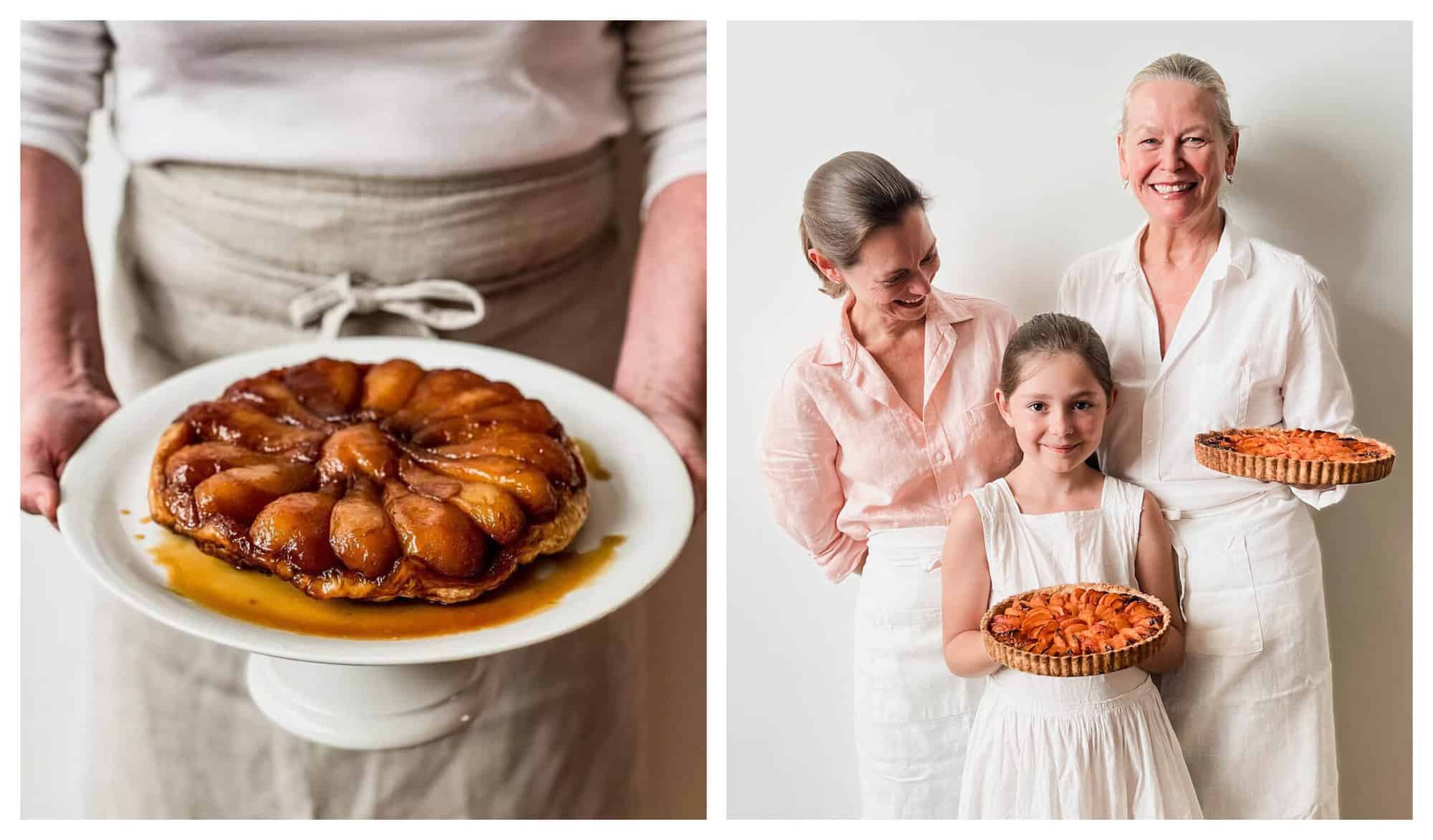 Left: Marjorie Taylor from The Cook's Atelier holds a pear tarte tatin, presented on a white plate. Right: Marjorie Taylor, Kendall Smith, and Kendall's daughter are pictured, smiling and holding homemade fruit tarts