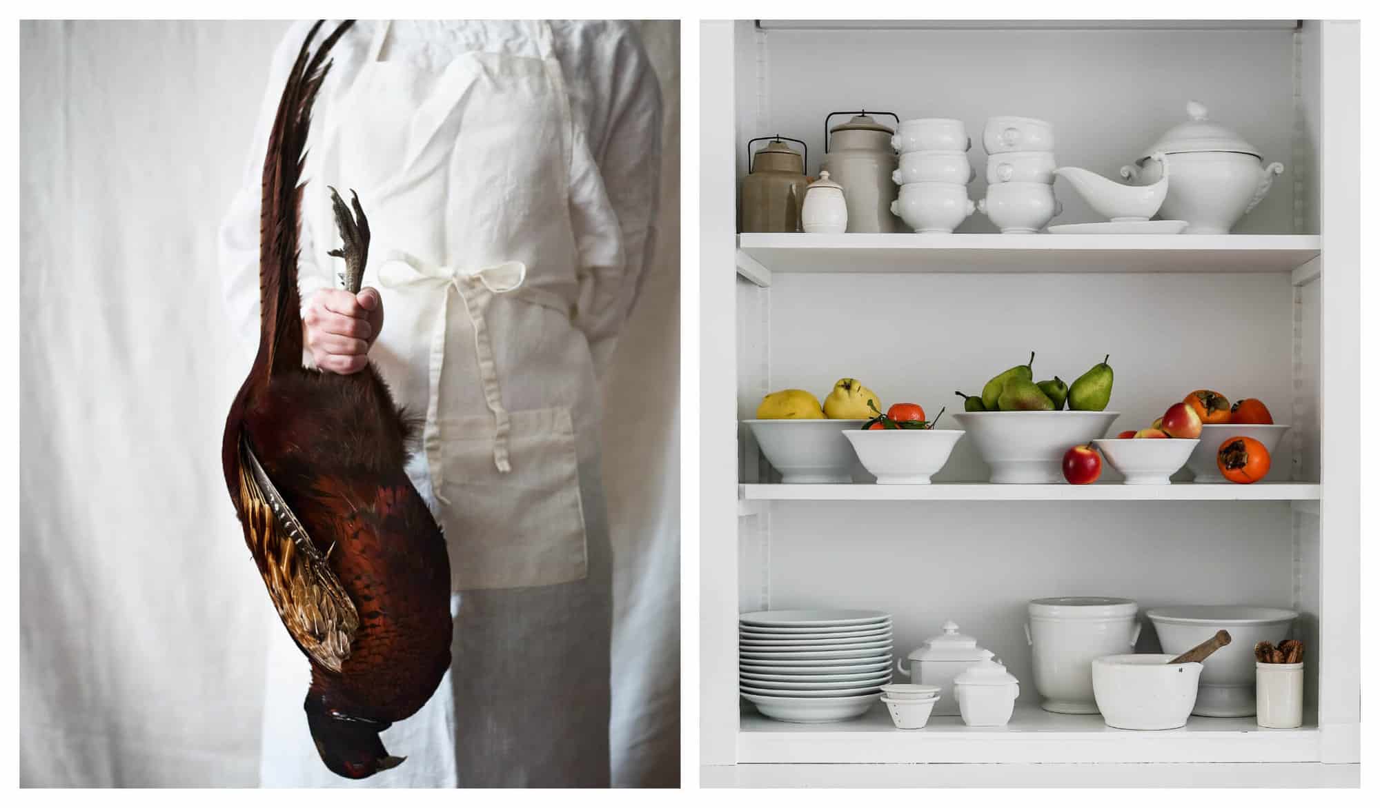 Left: Marjorie Taylor holds a pheasant with one hand. Right: A white cupboard is filled with white bowls filled with fruit, alongside soup bowls, plates, and serving dishes. 