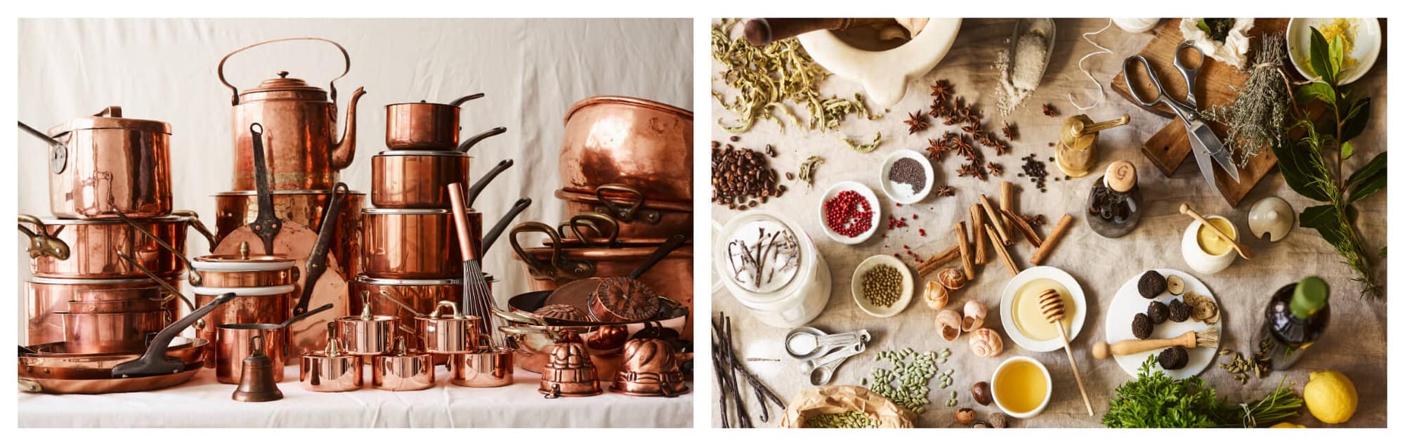 Left: Several copper kitchen utensils (pans, whisks, teapots) are pictured in front of a white linen backdrop. Right: A table-full of fruit, honey, seeds, and flowers is pictured from above.