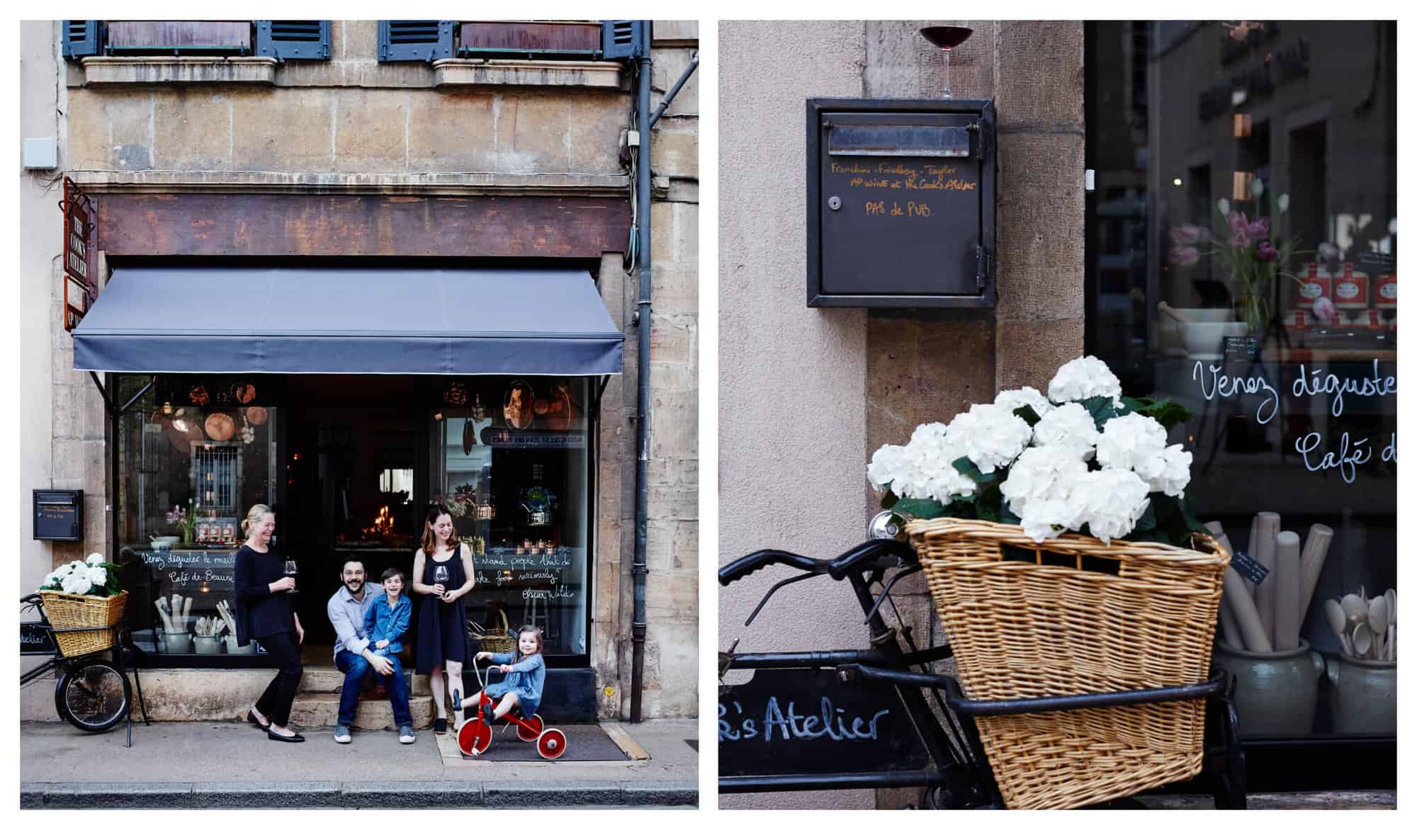 Left: The Cook's Atelier family are pictured standing outside of their boutique. Right: A bicycle with a flower-filled basket is pictured outside The Cook's Atelier shop.