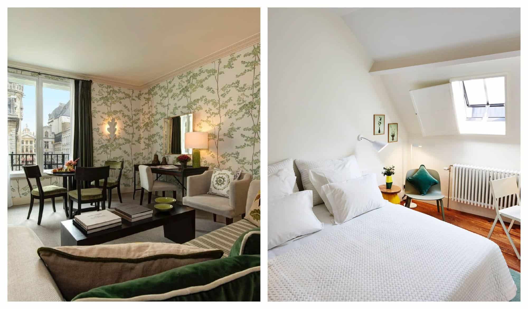 Left: Wooden chairs, a wooden table, and couch are pictured inside a suite at Hotel Amigo Right: A white double bed is illuminated by the sunshine coming in from a nearby window inside Hôtel des Galeries 