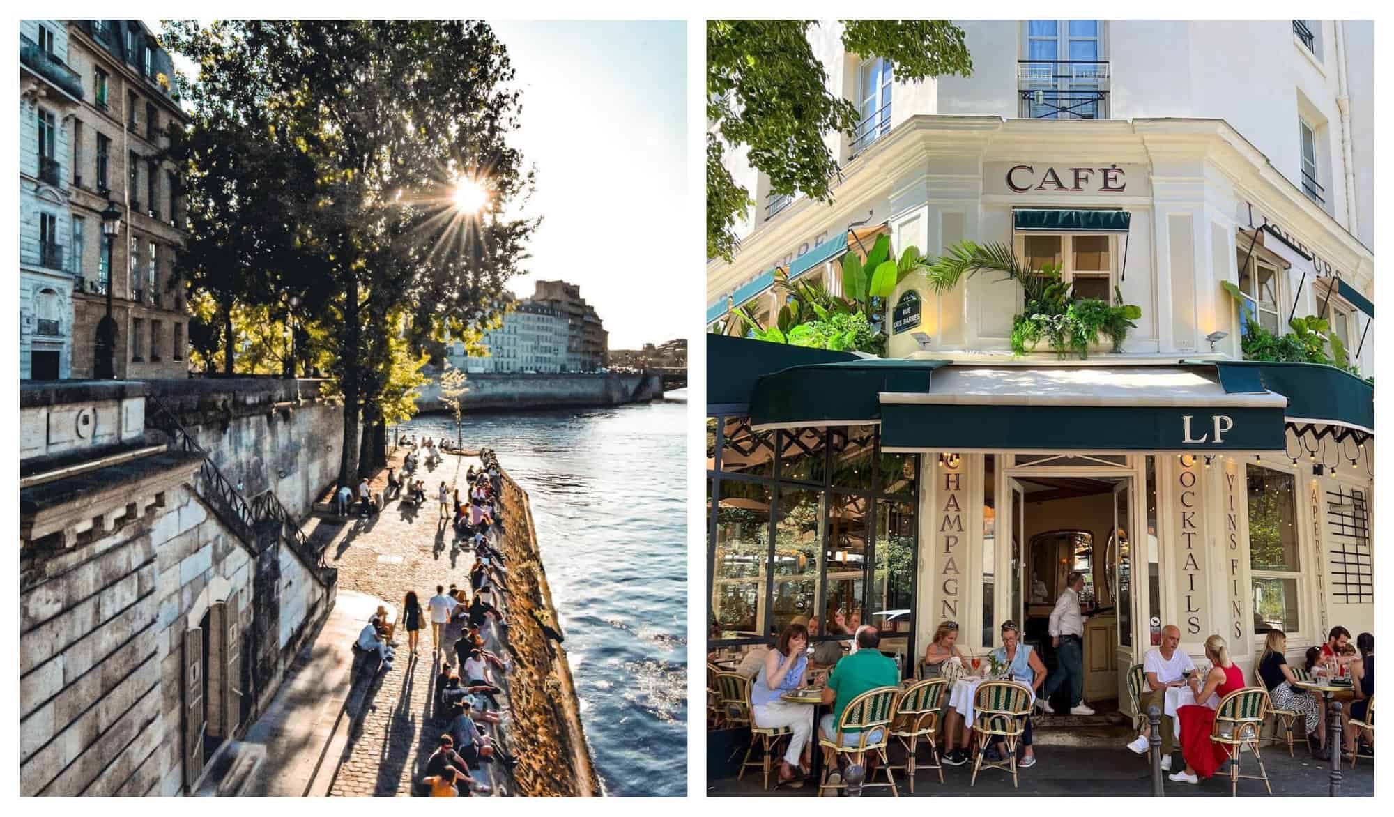Left: Île de la Cité is filled with groups of people, and is lit up by the summer sun. Right: A traditional-looking Parisian cafe is pictured with a bustling terrace, full of people