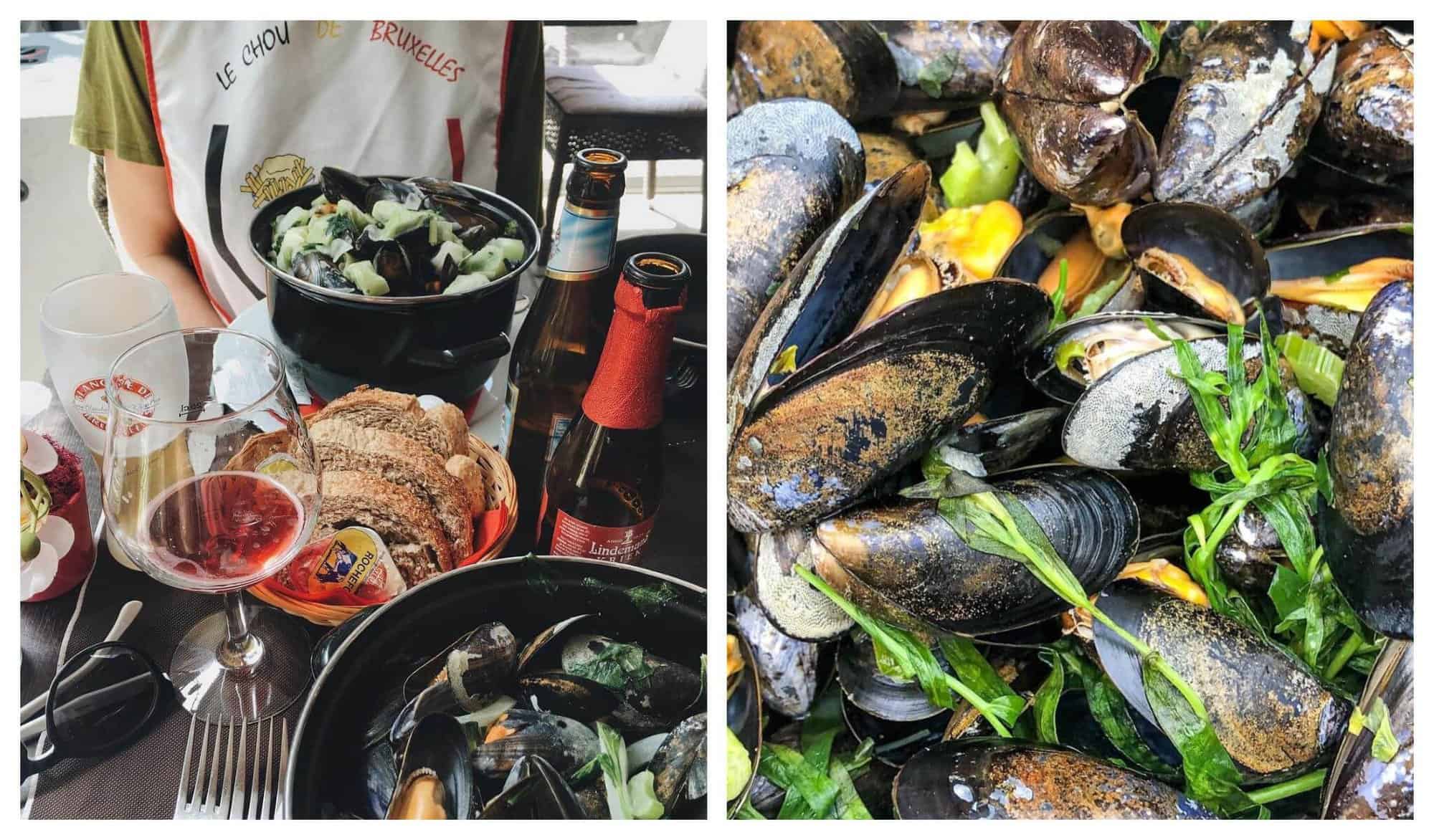 Left: Two portions of moules frites are pictured alongside a beer and red wine Right: Moules from Le Chou de Bruxelles are covered in a garlic and herb dressing, and pictured up-close
