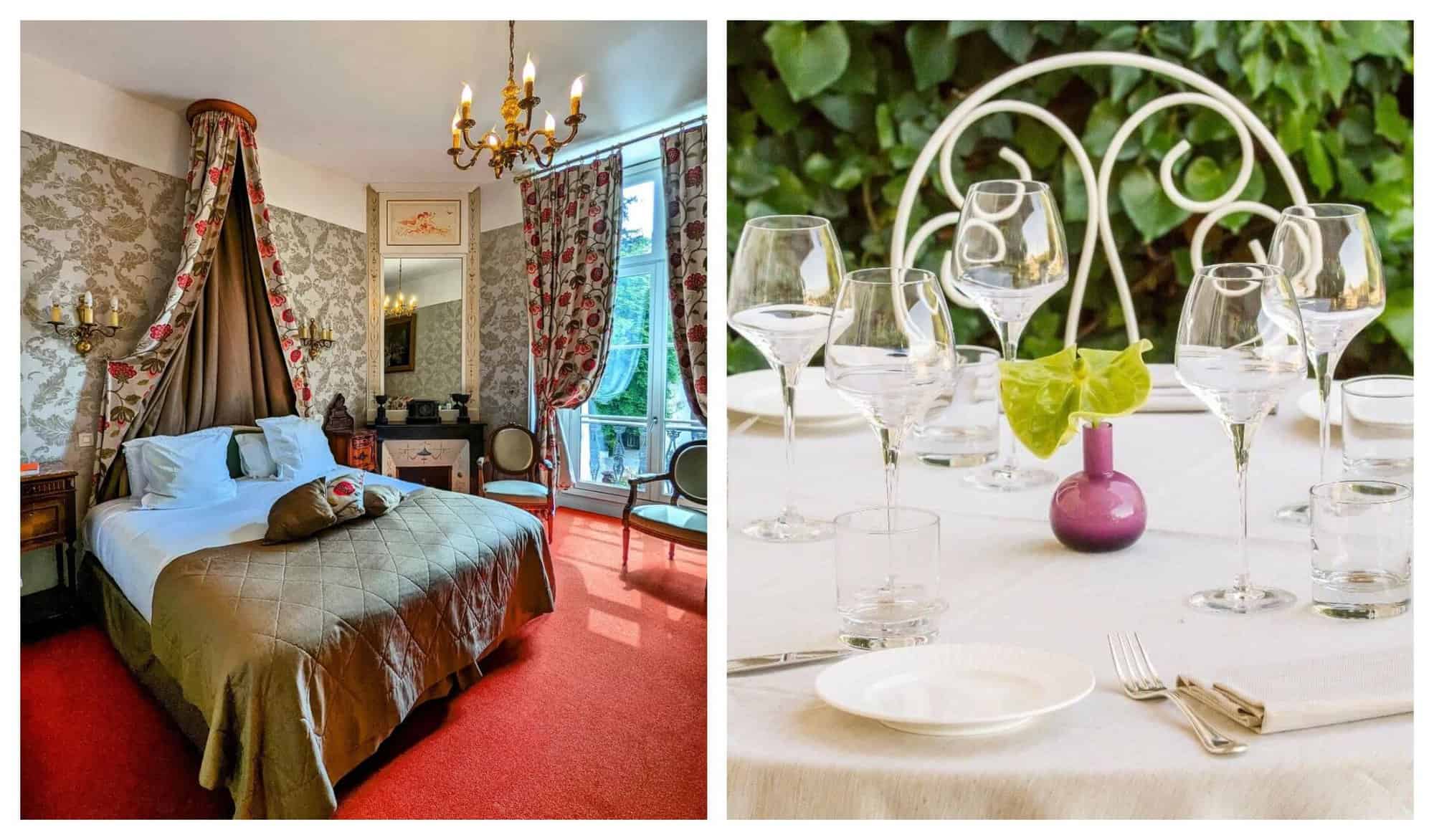 Left: Large double bed inside a bedroom at Chaâteau de Pray, Right: Wine glasses are sat on top of a dining table with a white tablecloth at Château de Pray