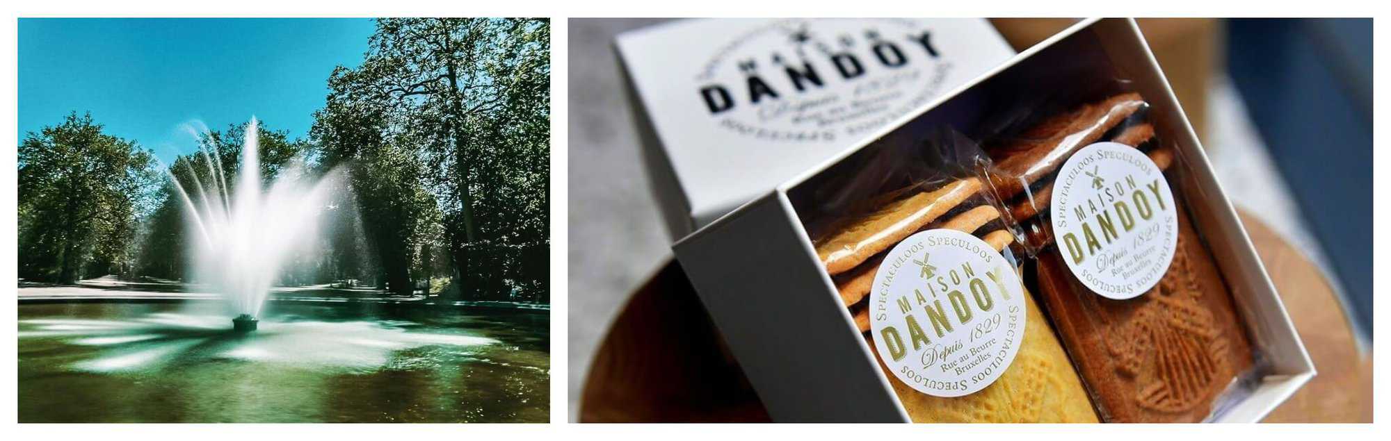 Left: A blue sky peeks out behind a large water fountain inside Parc de Bruxelles Right: A white box from Maison Dandoy is photographed, with two types of speculoos biscuits inside