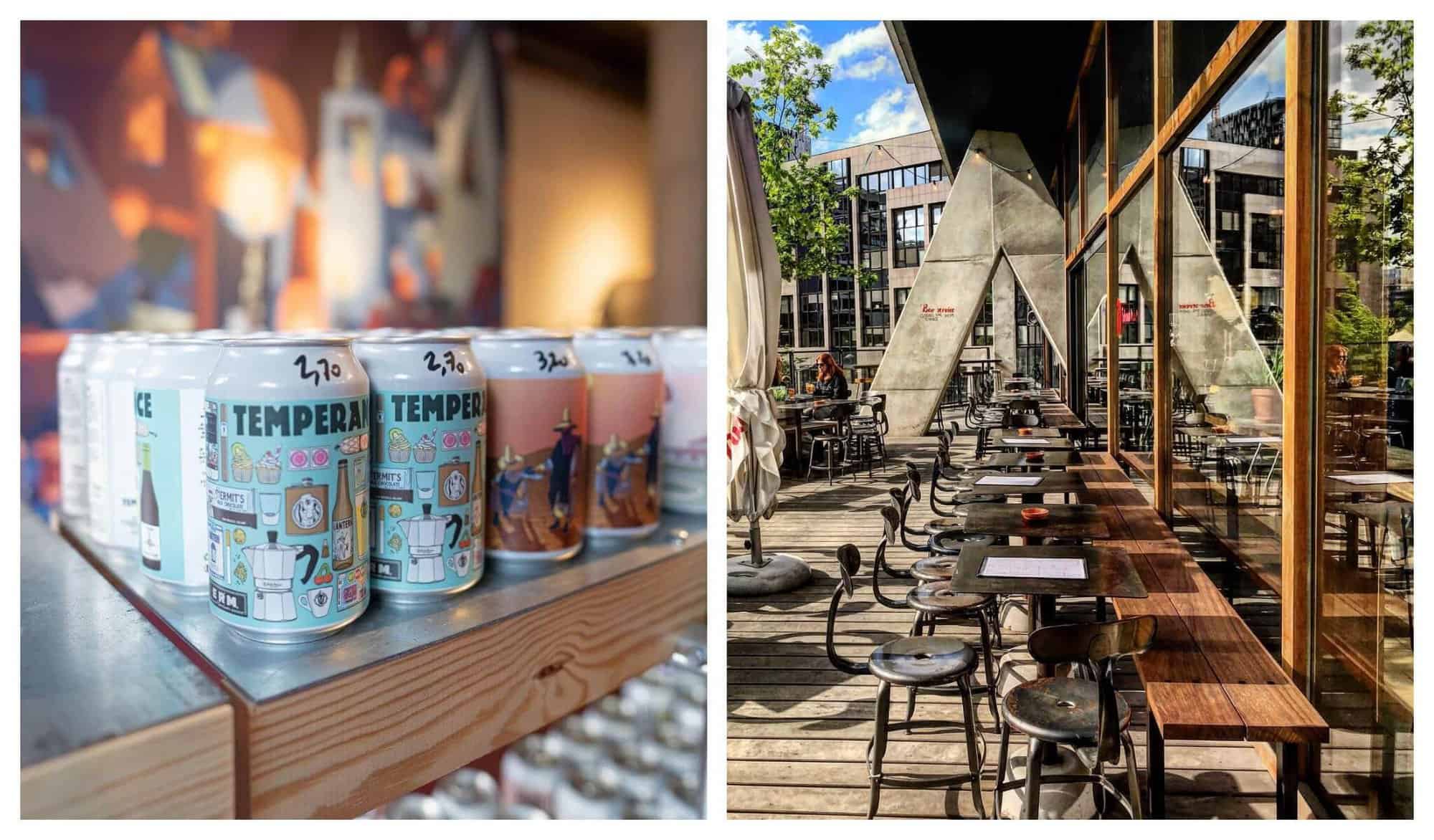 Left: Blue and orange coloured craft beer cans sit lined up inside L’Ermitage Right: Sunlit wooden tables and benches are pictured on the terrace at Grand Central