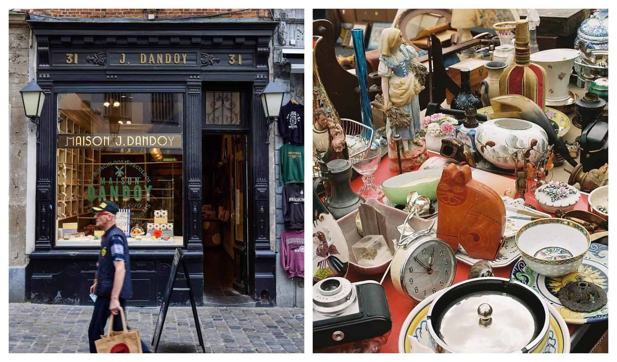 Right: The shop entrance to Maison Dandoy is covered with gold lettering Right: A table of knick-knacks, plates, clocks, old cameras, and glasses is pictured at the Jeu de Balls flea market